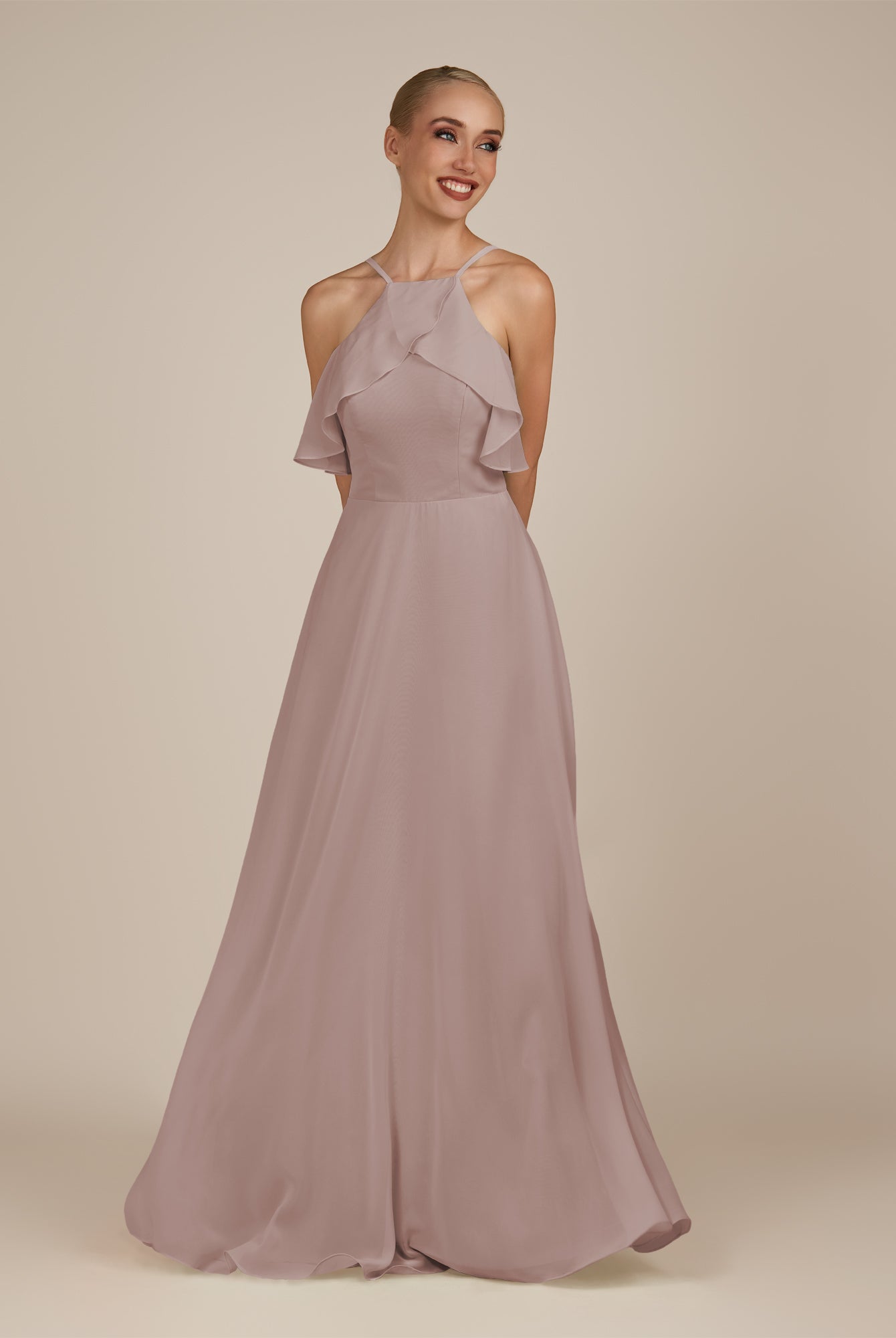 KissDress-Wynne Toffee A Line Chiffon Halter Neck Ruffled Overlay Long Bridesmaid Dress