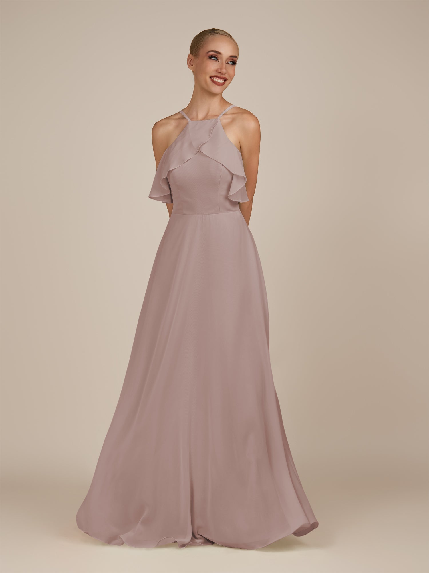 KissDress-Wynne Toffee A Line Chiffon Halter Neck Ruffled Overlay Long Bridesmaid Dress