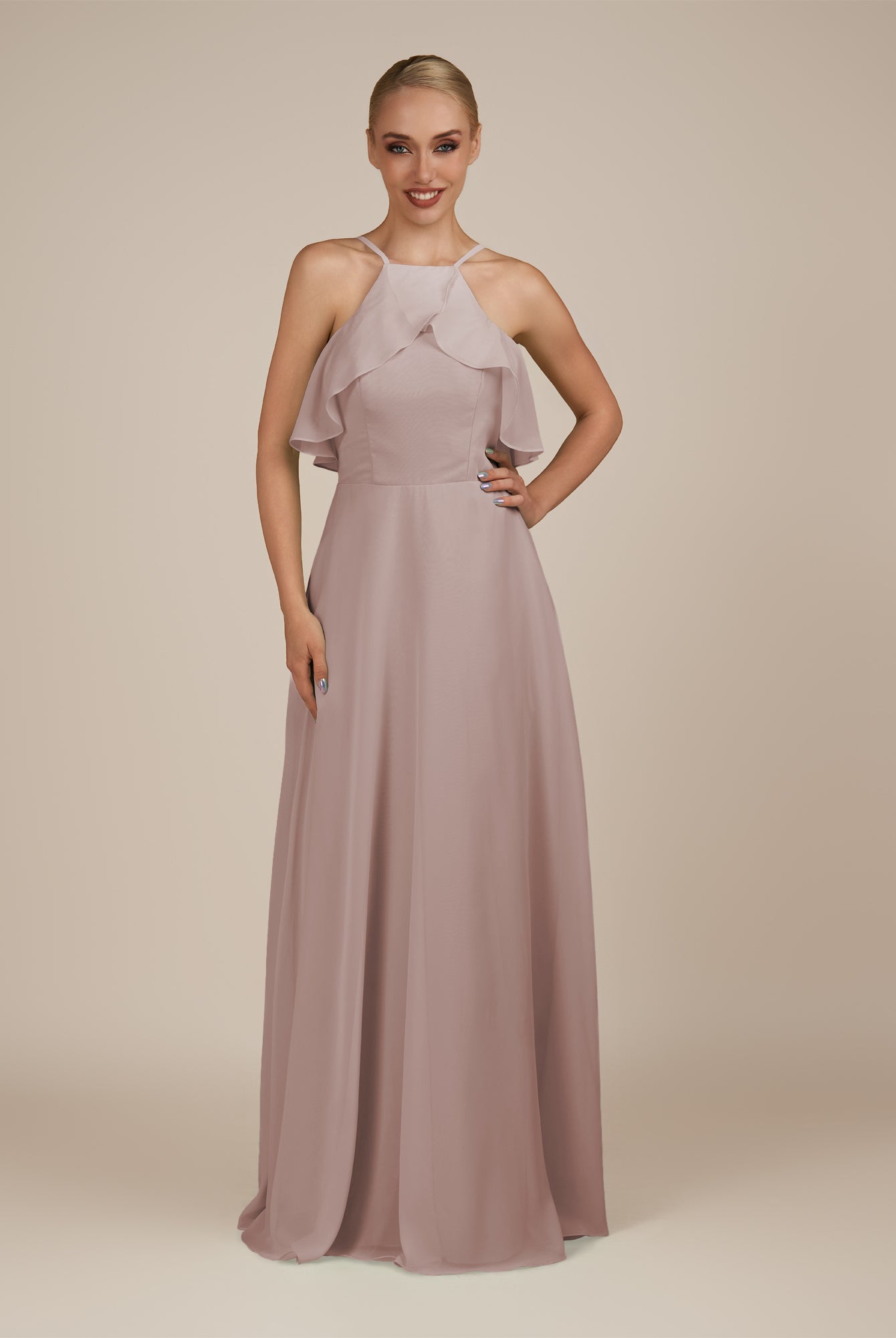 KissDress-Wynne Toffee A Line Chiffon Halter Neck Ruffled Overlay Long Bridesmaid Dress