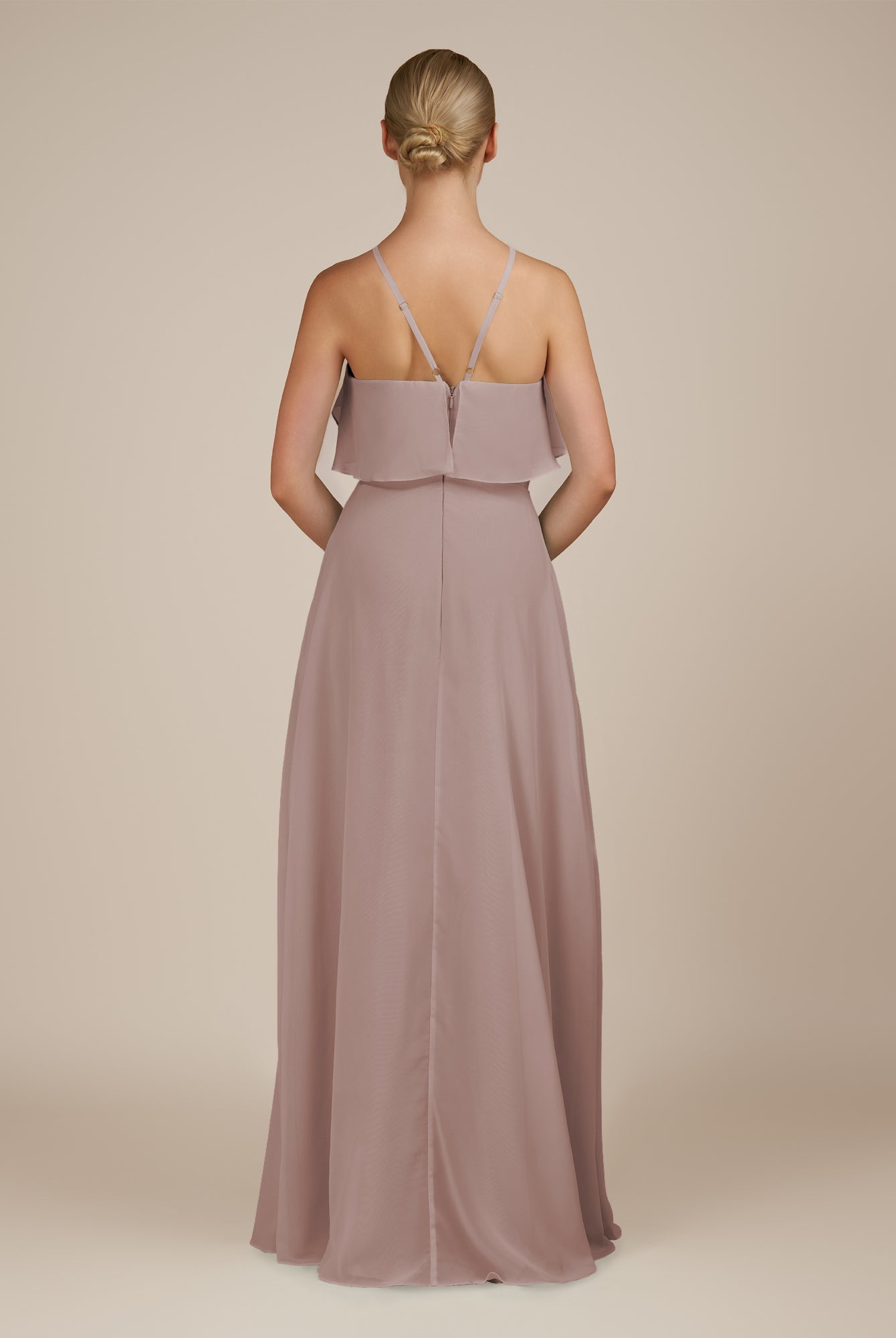 KissDress-Wynne Toffee A Line Chiffon Halter Neck Ruffled Overlay Long Bridesmaid Dress