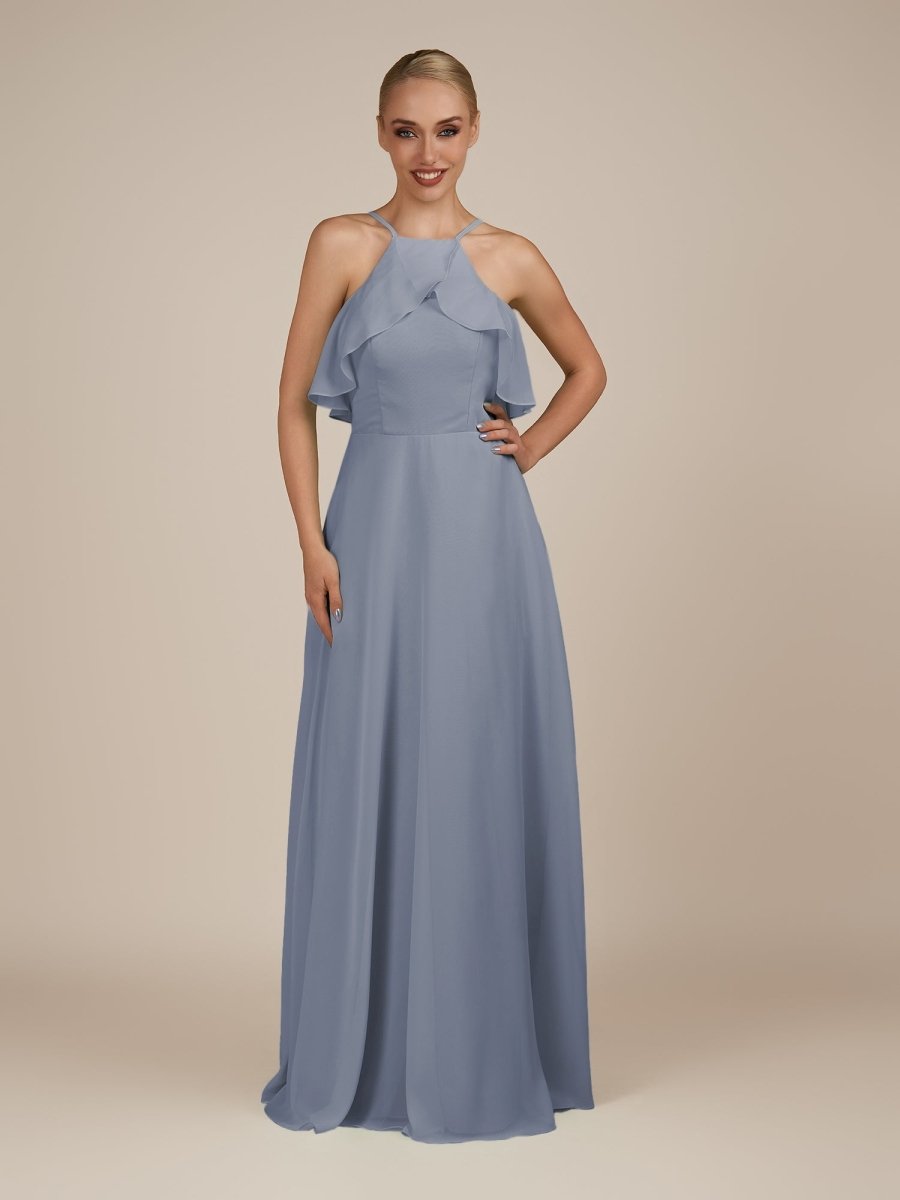 KissDress-Wynne Twilight A Line Chiffon Halter Neck Ruffled Overlay Long Bridesmaid Dress
