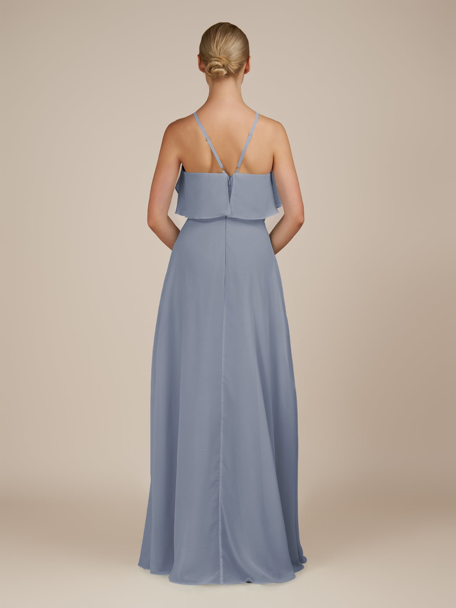 KissDress-Wynne Twilight A Line Chiffon Halter Neck Ruffled Overlay Long Bridesmaid Dress