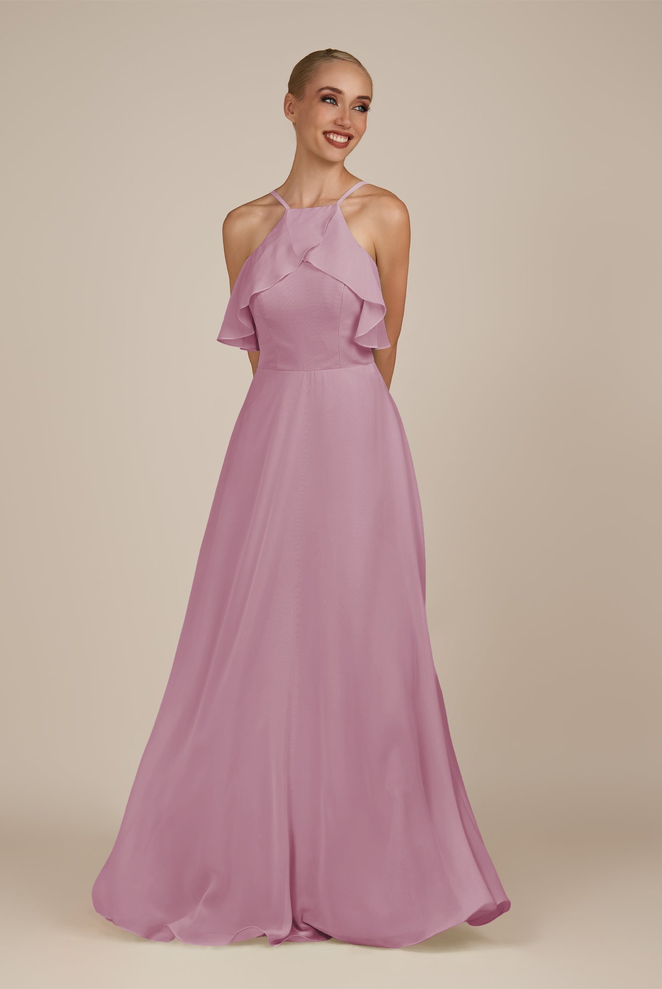 KissDress-Wynne Vintage Mauve A Line Chiffon Halter Neck Ruffled Overlay Long Bridesmaid Dress