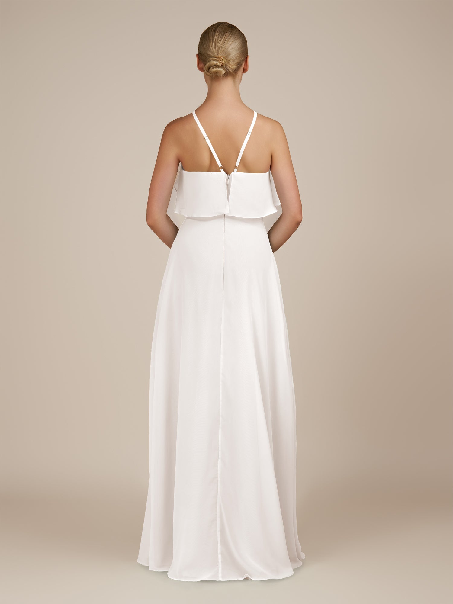 KissDress-Wynne White A Line Chiffon Halter Neck Ruffled Overlay Long Bridesmaid Dress