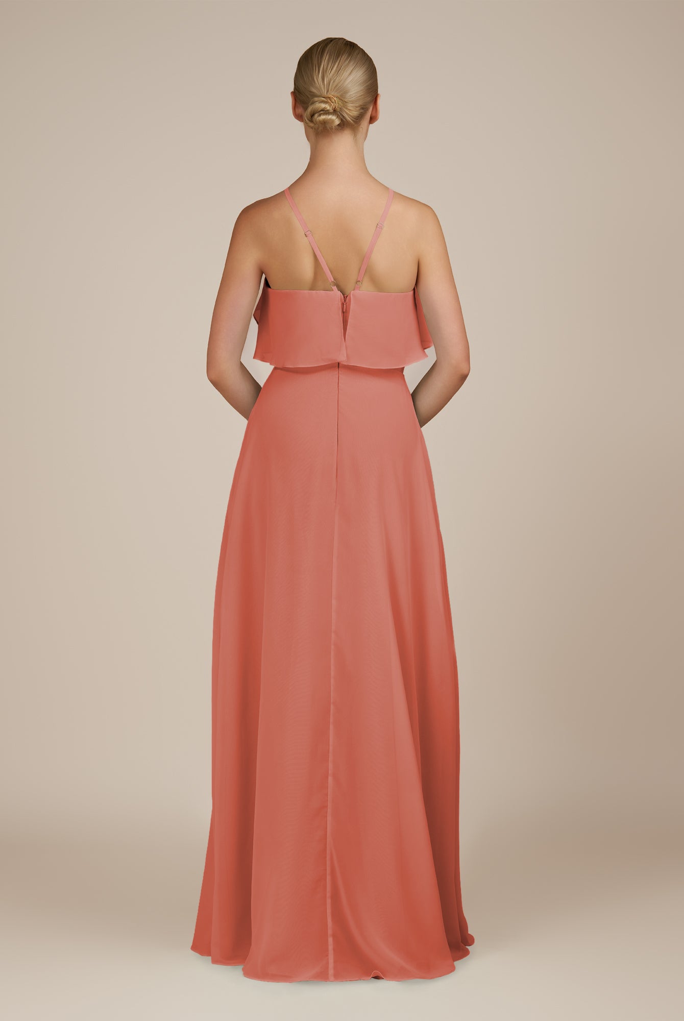 KissDress-Wynne Wild Rose A Line Chiffon Halter Neck Ruffled Overlay Long Bridesmaid Dress