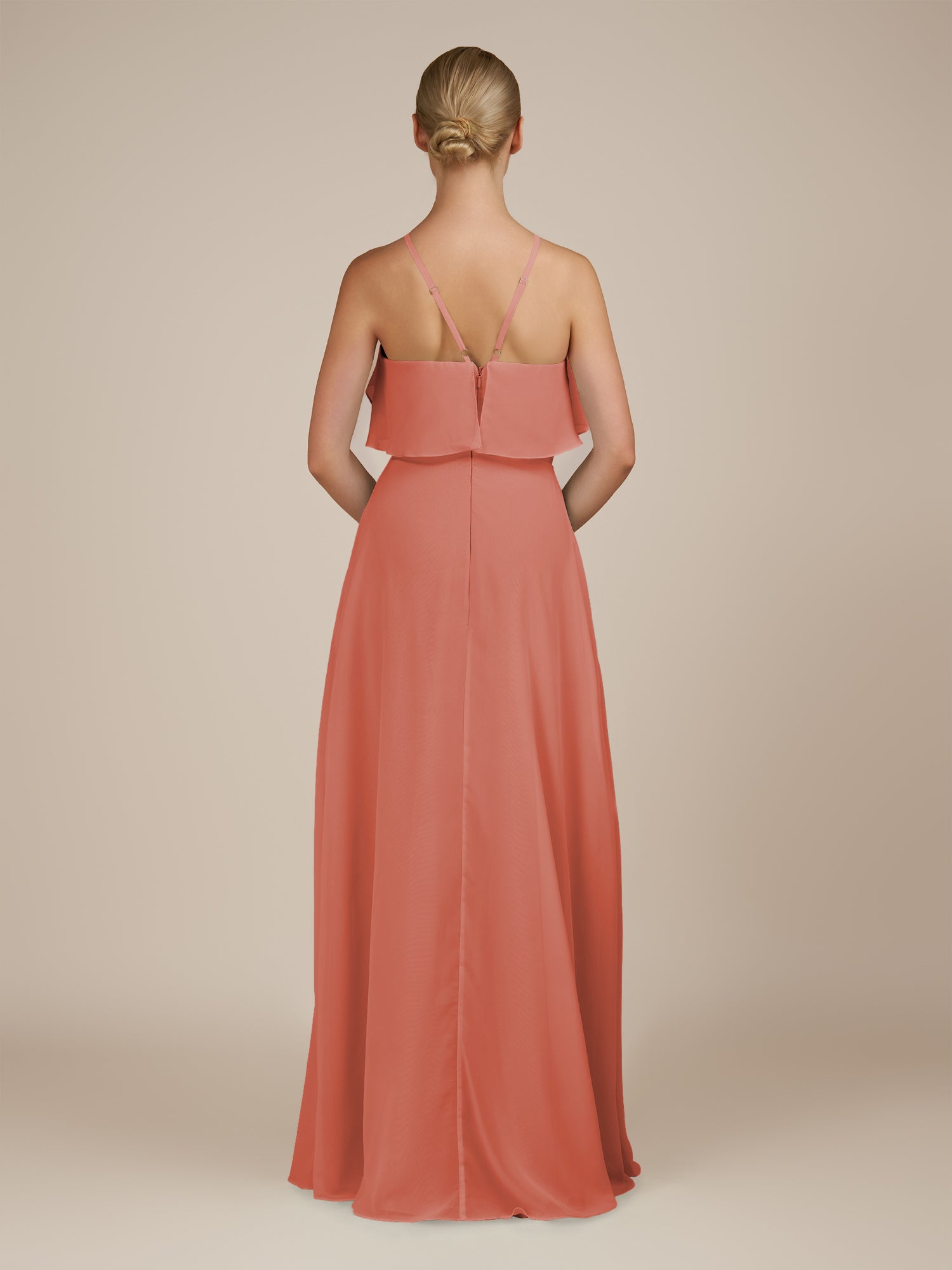 KissDress-Wynne Wild Rose A Line Chiffon Halter Neck Ruffled Overlay Long Bridesmaid Dress