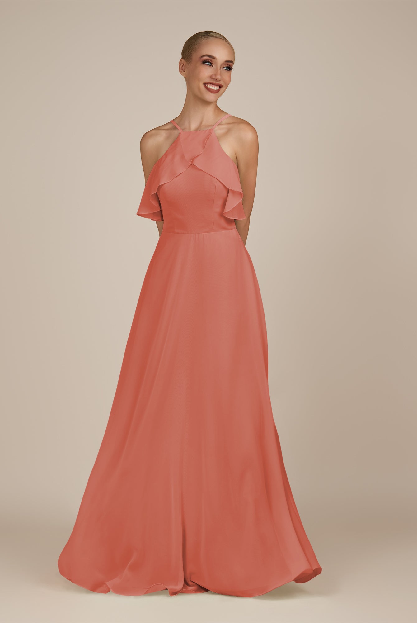 KissDress-Wynne Wild Rose A Line Chiffon Halter Neck Ruffled Overlay Long Bridesmaid Dress