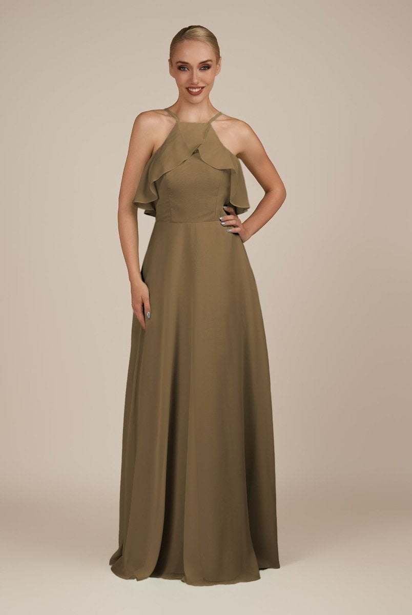 KissDress-Wynne Willow Green A Line Chiffon Halter Neck Ruffled Overlay Long Bridesmaid Dress