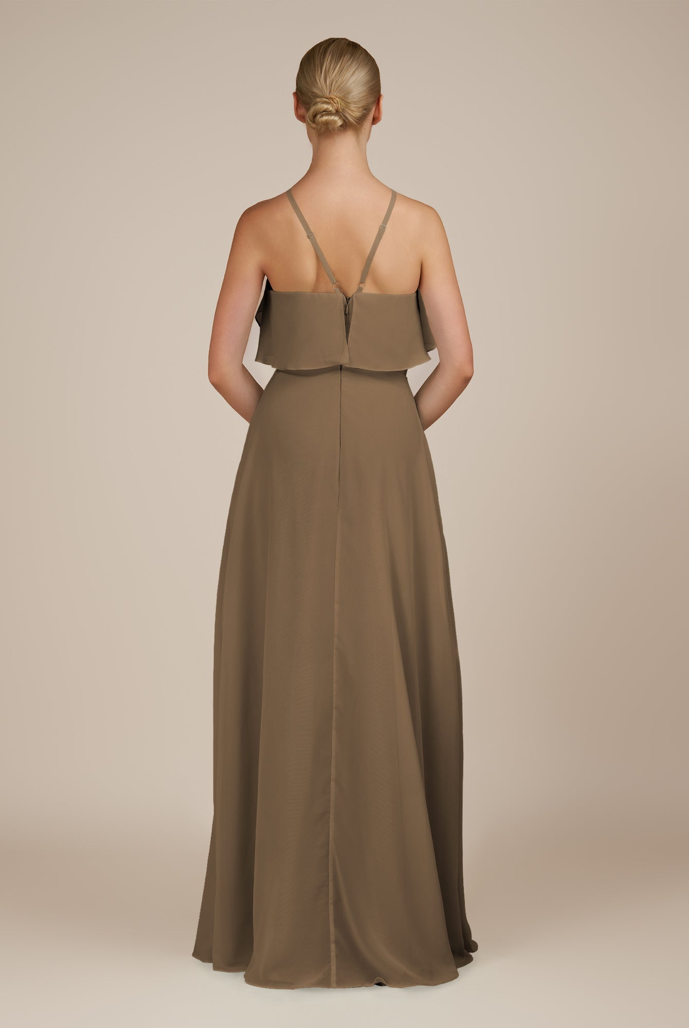 KissDress-Wynne Willow Green A Line Chiffon Halter Neck Ruffled Overlay Long Bridesmaid Dress