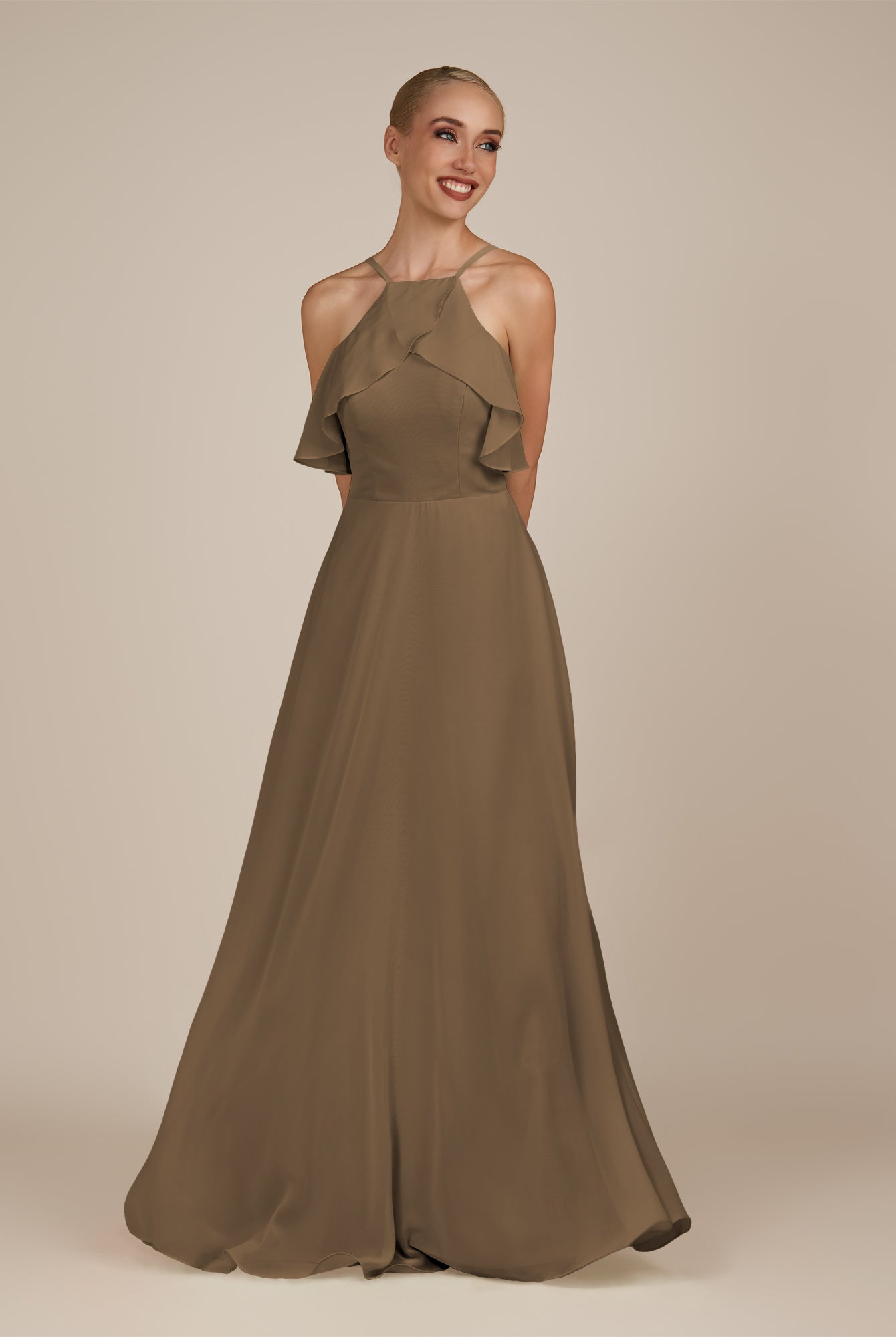 KissDress-Wynne Willow Green A Line Chiffon Halter Neck Ruffled Overlay Long Bridesmaid Dress