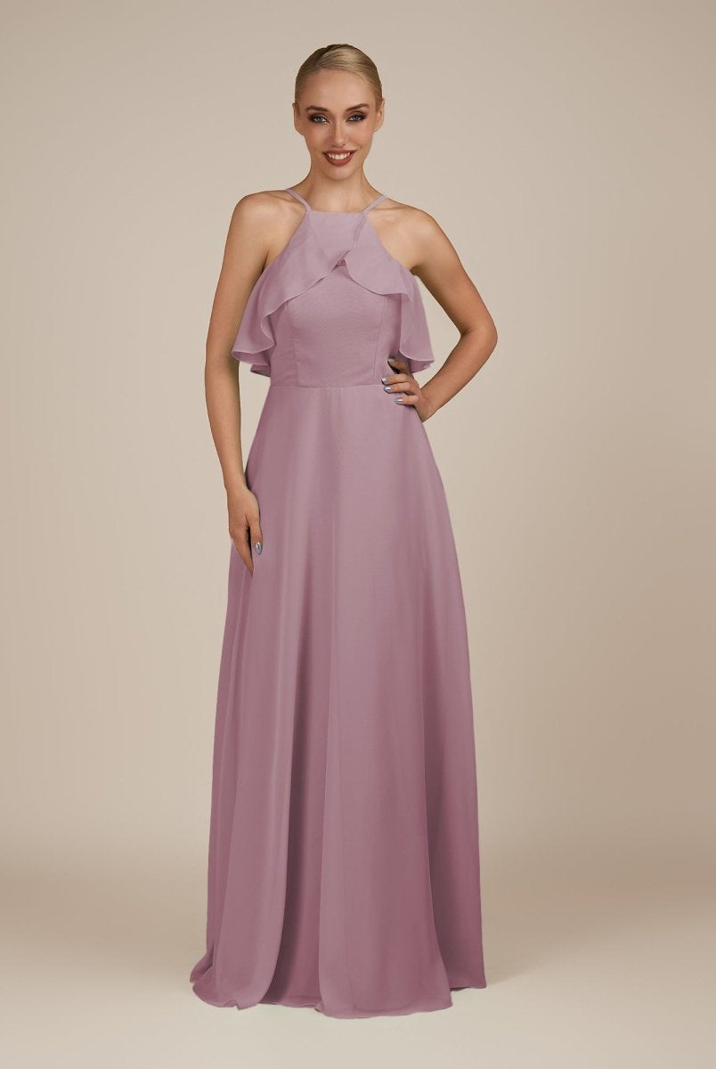 KissDress-Wynne Wisteria A Line Chiffon Halter Neck Ruffled Overlay Long Bridesmaid Dress