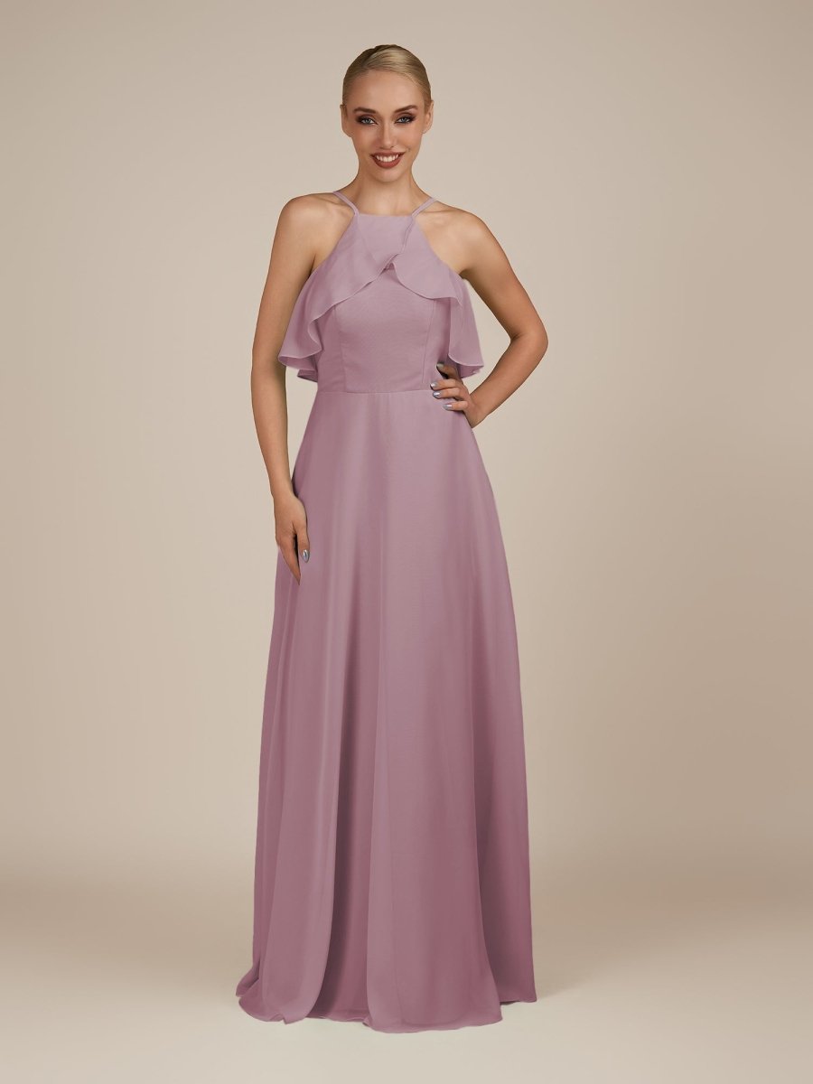 KissDress-Wynne Wisteria A Line Chiffon Halter Neck Ruffled Overlay Long Bridesmaid Dress