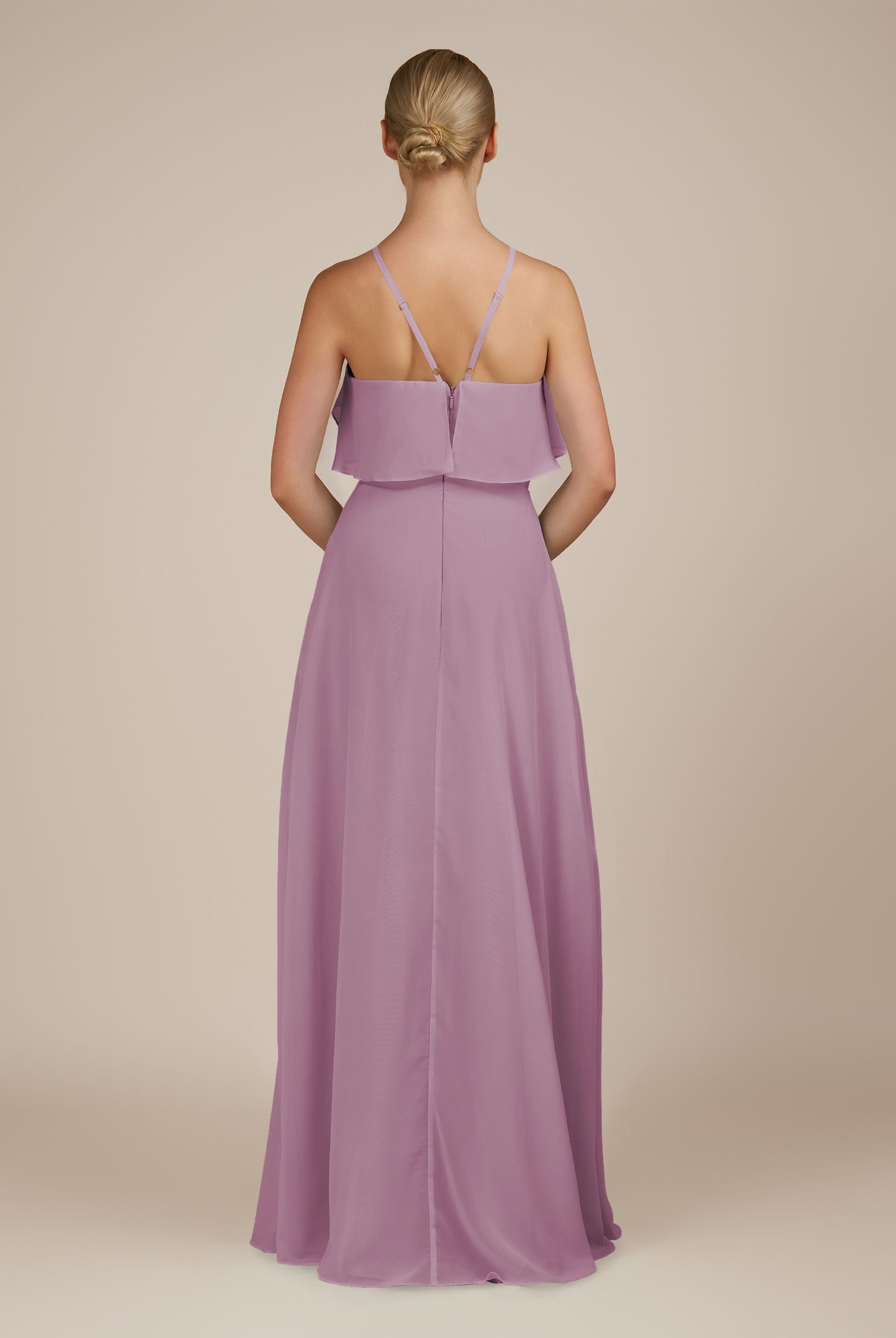 KissDress-Wynne Wisteria A Line Chiffon Halter Neck Ruffled Overlay Long Bridesmaid Dress