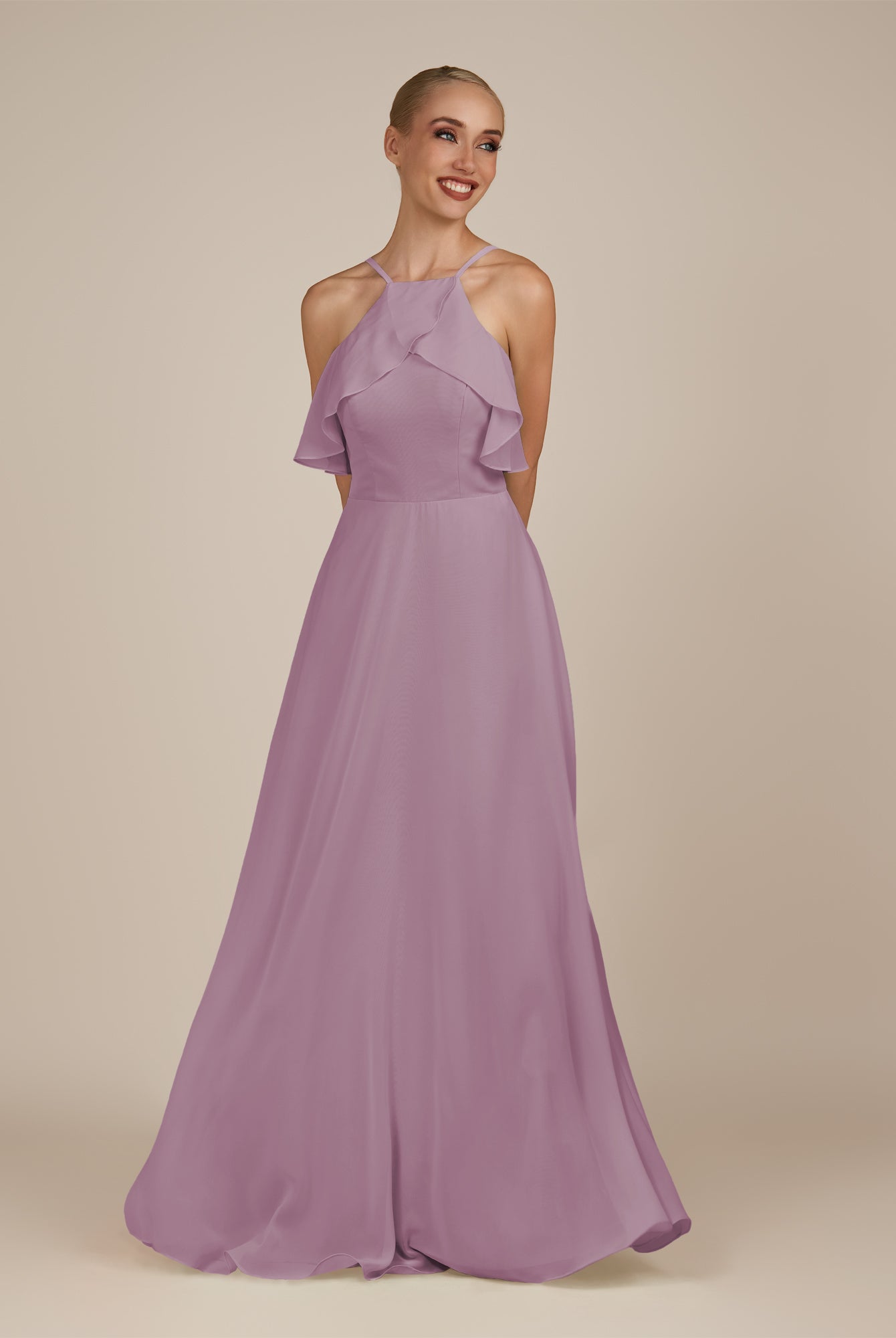 KissDress-Wynne Wisteria A Line Chiffon Halter Neck Ruffled Overlay Long Bridesmaid Dress