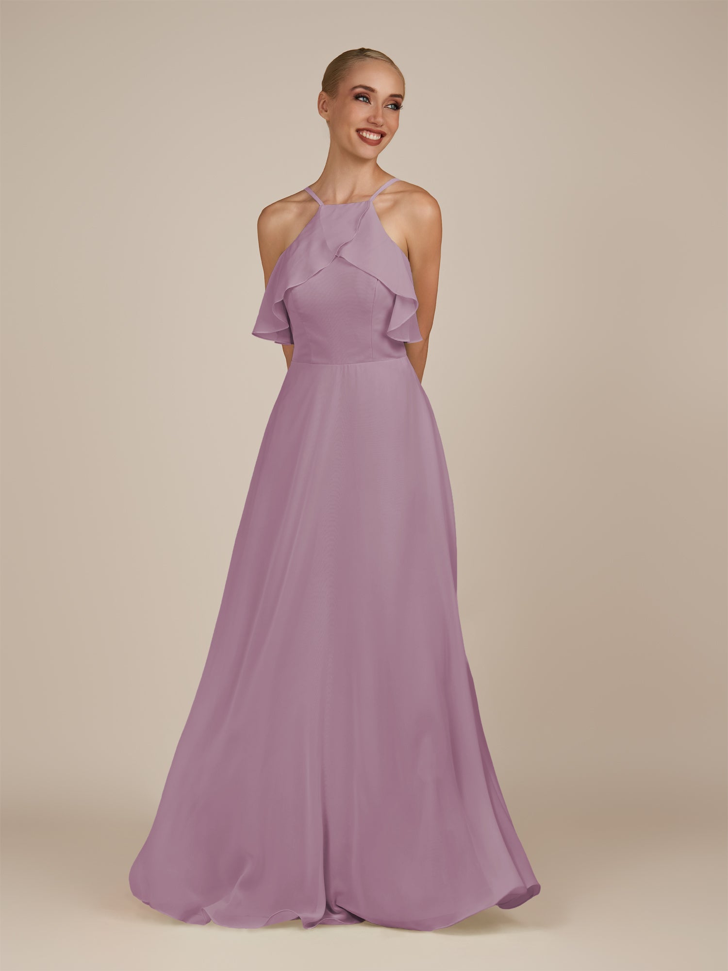 KissDress-Wynne Wisteria A Line Chiffon Halter Neck Ruffled Overlay Long Bridesmaid Dress