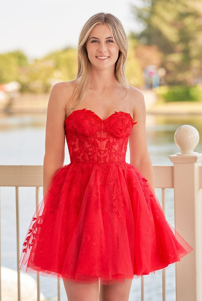 Yasmin | A - line Red Sweetheart Appliques Lace Homecoming Dress With Corset Back - KissProm