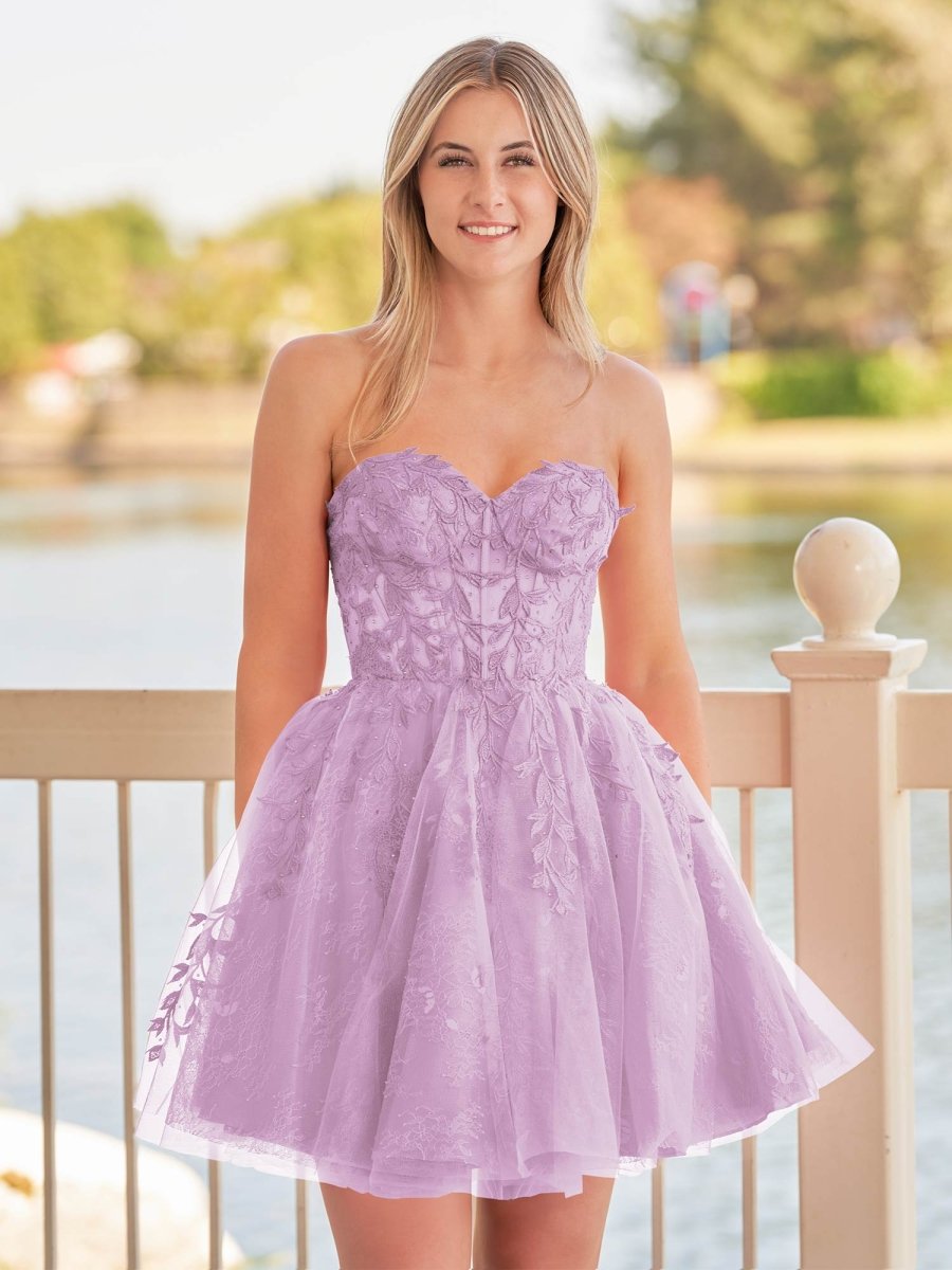 Yasmin | A - line Red Sweetheart Appliques Lace Homecoming Dress With Corset Back - KissProm