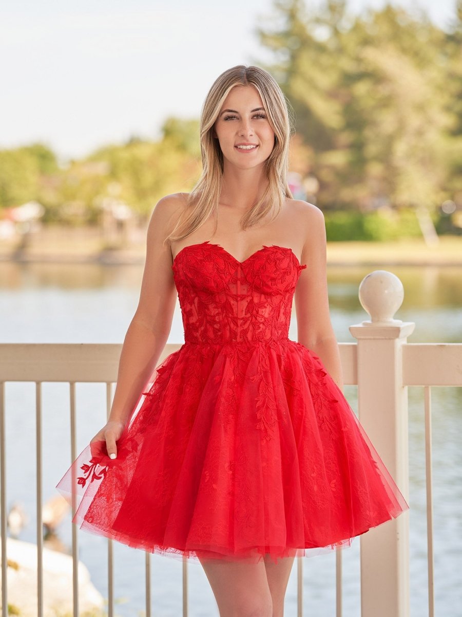 Yasmin | A - line Red Sweetheart Appliques Lace Homecoming Dress With Corset Back - KissProm