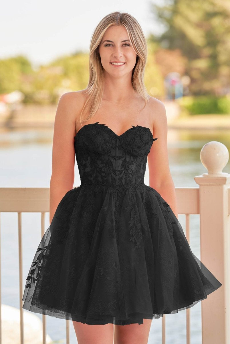 Yasmin | A - line Red Sweetheart Appliques Lace Homecoming Dress With Corset Back - KissProm