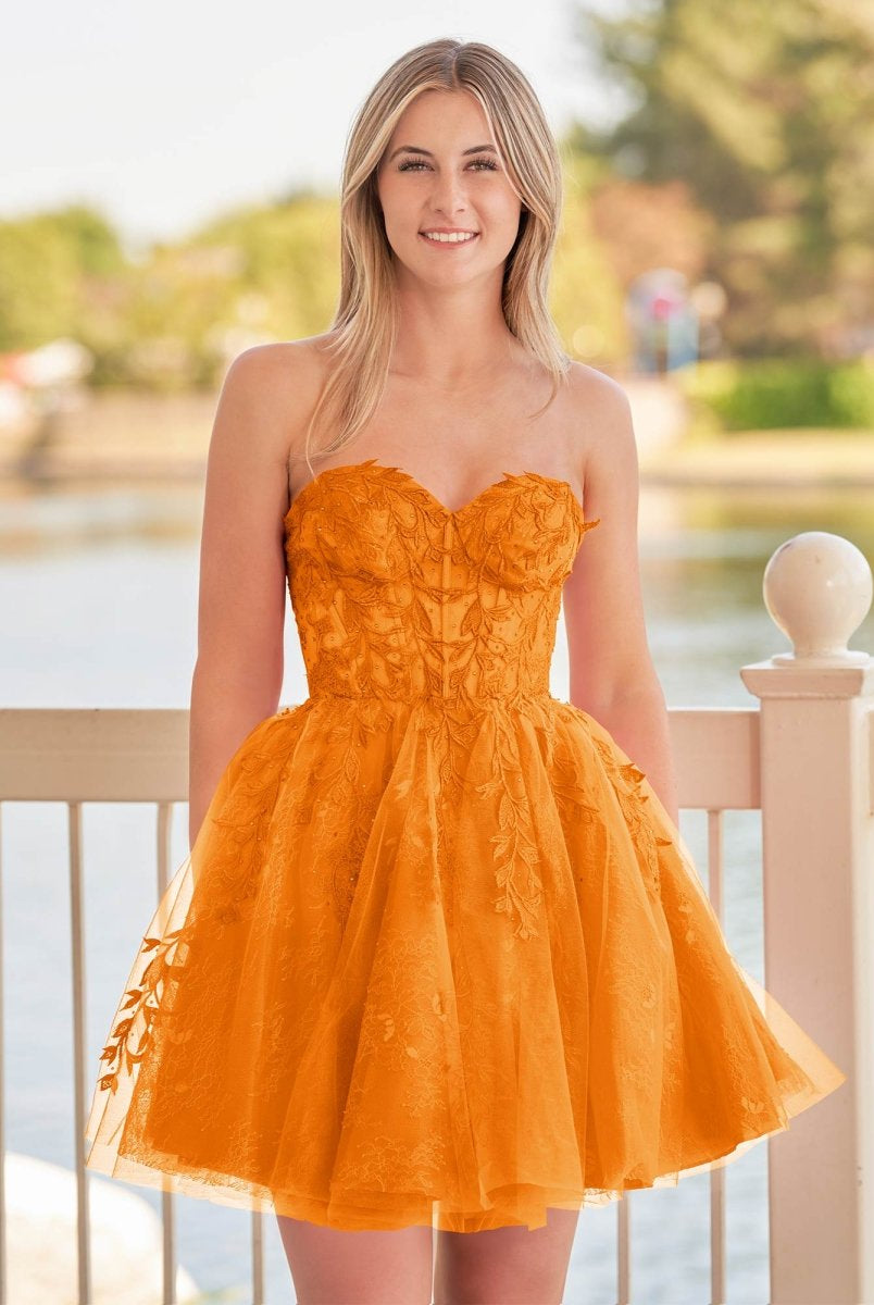 Yasmin | A - line Red Sweetheart Appliques Lace Homecoming Dress With Corset Back - KissProm