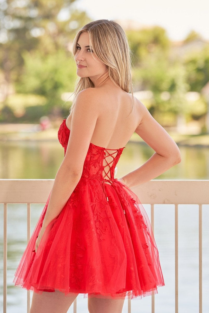 Yasmin | A - line Red Sweetheart Appliques Lace Homecoming Dress With Corset Back - KissProm