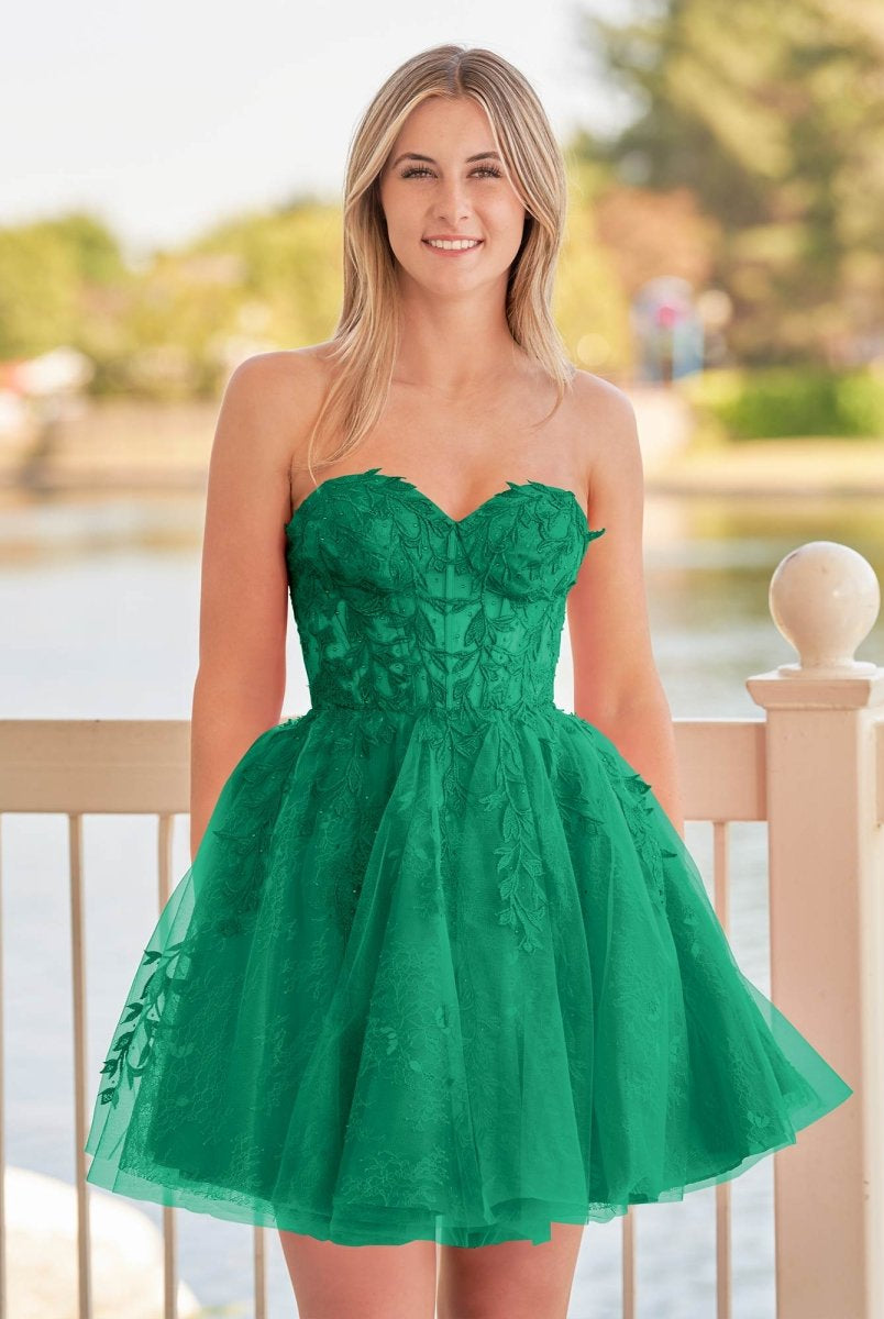 Yasmin | A - line Red Sweetheart Appliques Lace Homecoming Dress With Corset Back - KissProm