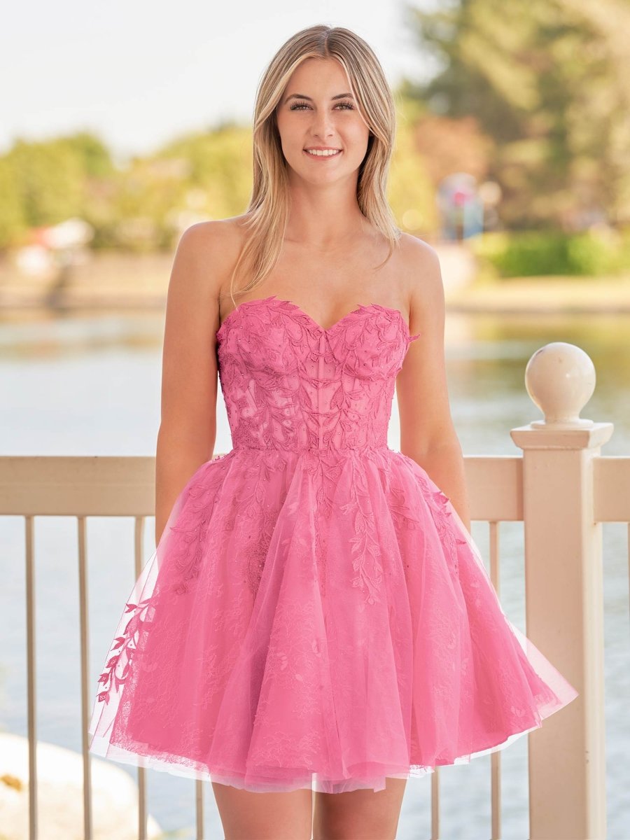 Yasmin | A - line Red Sweetheart Appliques Lace Homecoming Dress With Corset Back - KissProm