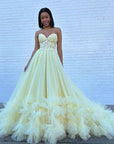 Red Tulle Appliques Sweetheart Ruffle Long Prom Dress