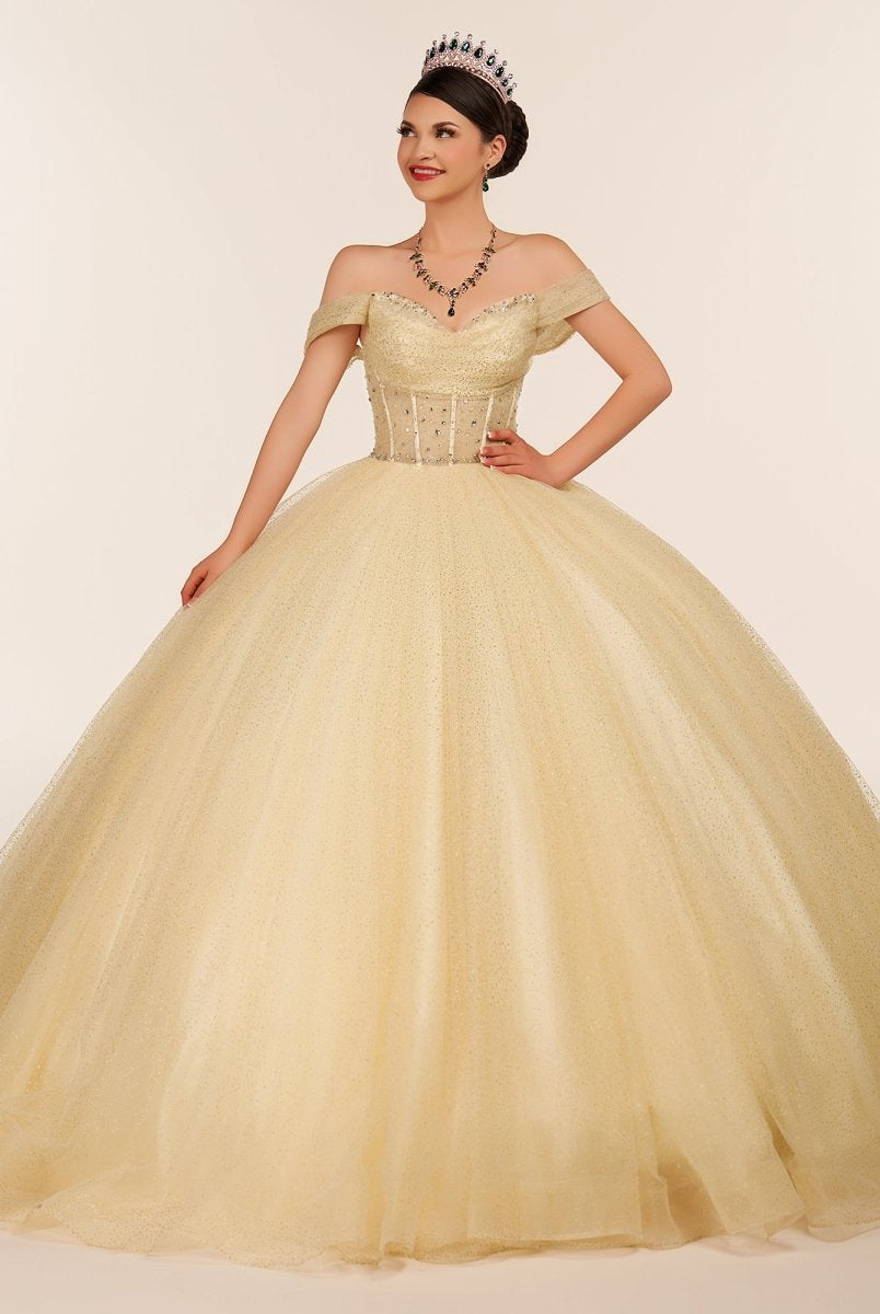 Yellow Ball Gown Tulle Off - the - Shoulder Quincenara Dresses - KissProm