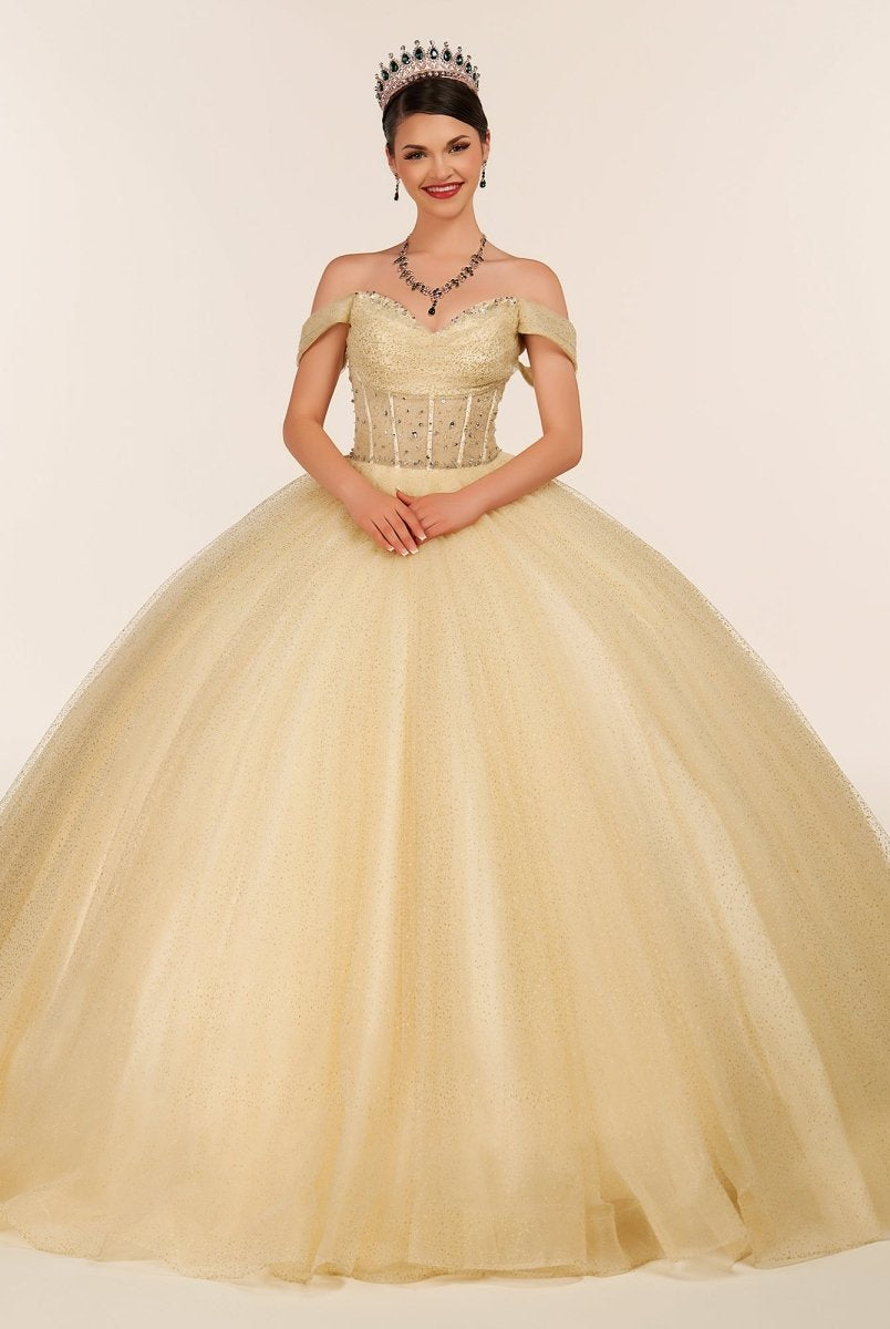 Yellow Ball Gown Tulle Off - the - Shoulder Quincenara Dresses - KissProm