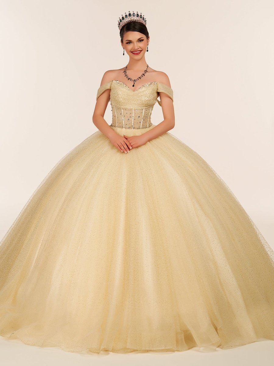 Yellow Ball Gown Tulle Off - the - Shoulder Quincenara Dresses - KissProm