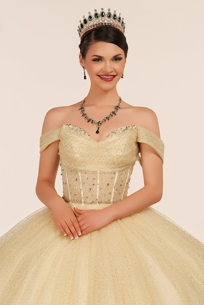 Yellow Ball Gown Tulle Off - the - Shoulder Quincenara Dresses - KissProm