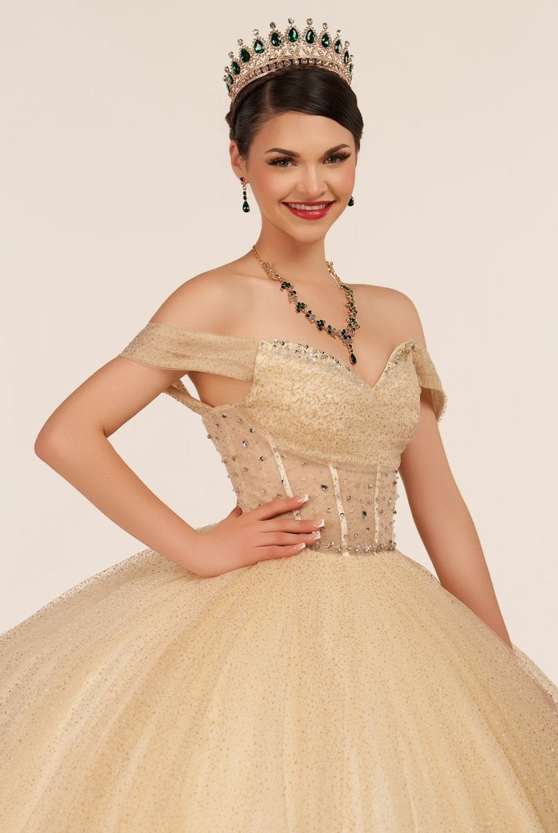 Yellow Ball Gown Tulle Off - the - Shoulder Quincenara Dresses - KissProm