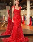 Yellow Ruffle Straps 3D Flower Mermaid Lace Long Prom Dress