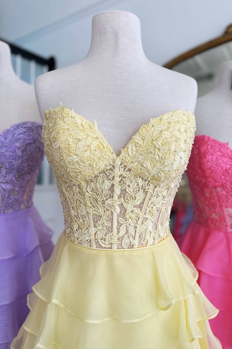 A-Line Strapless Tiered Corset Short Homecoming Dress with Appliques