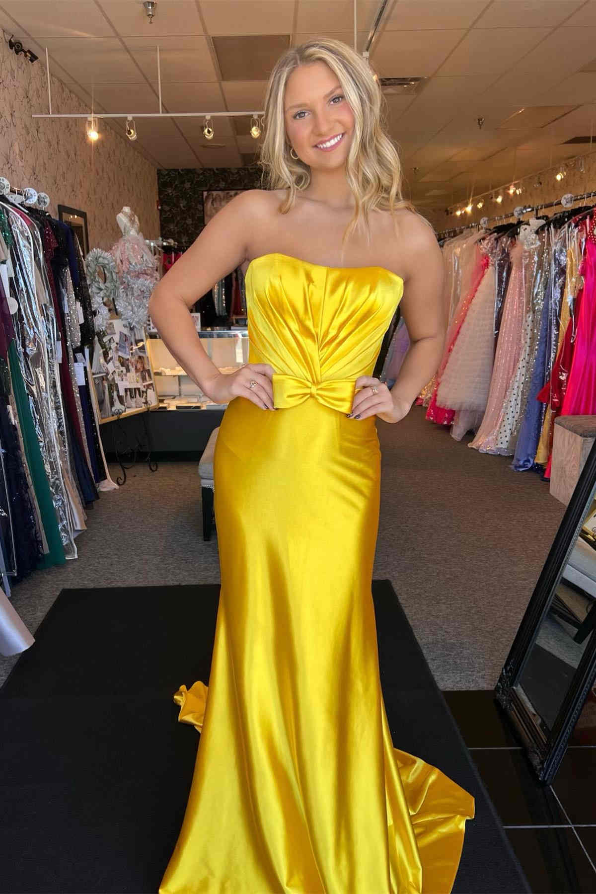 Red Strapless Bow Mermaid Long Prom Dress