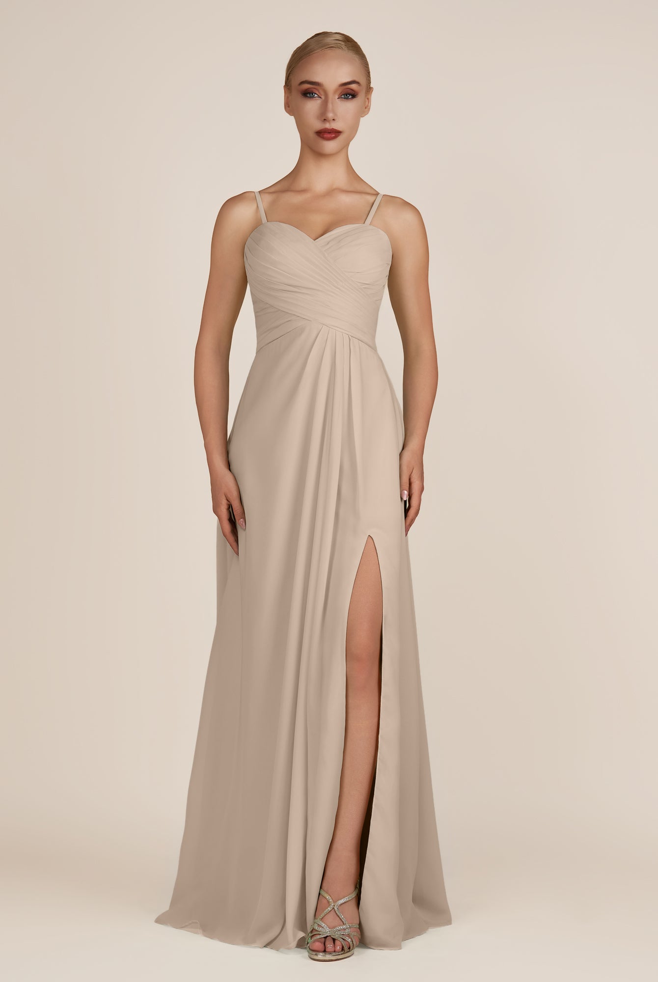 KissDress-Ysolina Almond A Line Sweetheart Chiffon Pleated Long Bridesmaid Dress with Slit