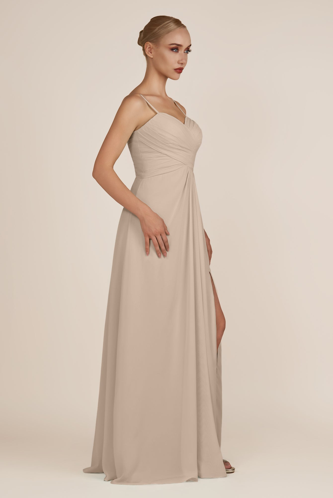 KissDress-Ysolina Almond A Line Sweetheart Chiffon Pleated Long Bridesmaid Dress with Slit