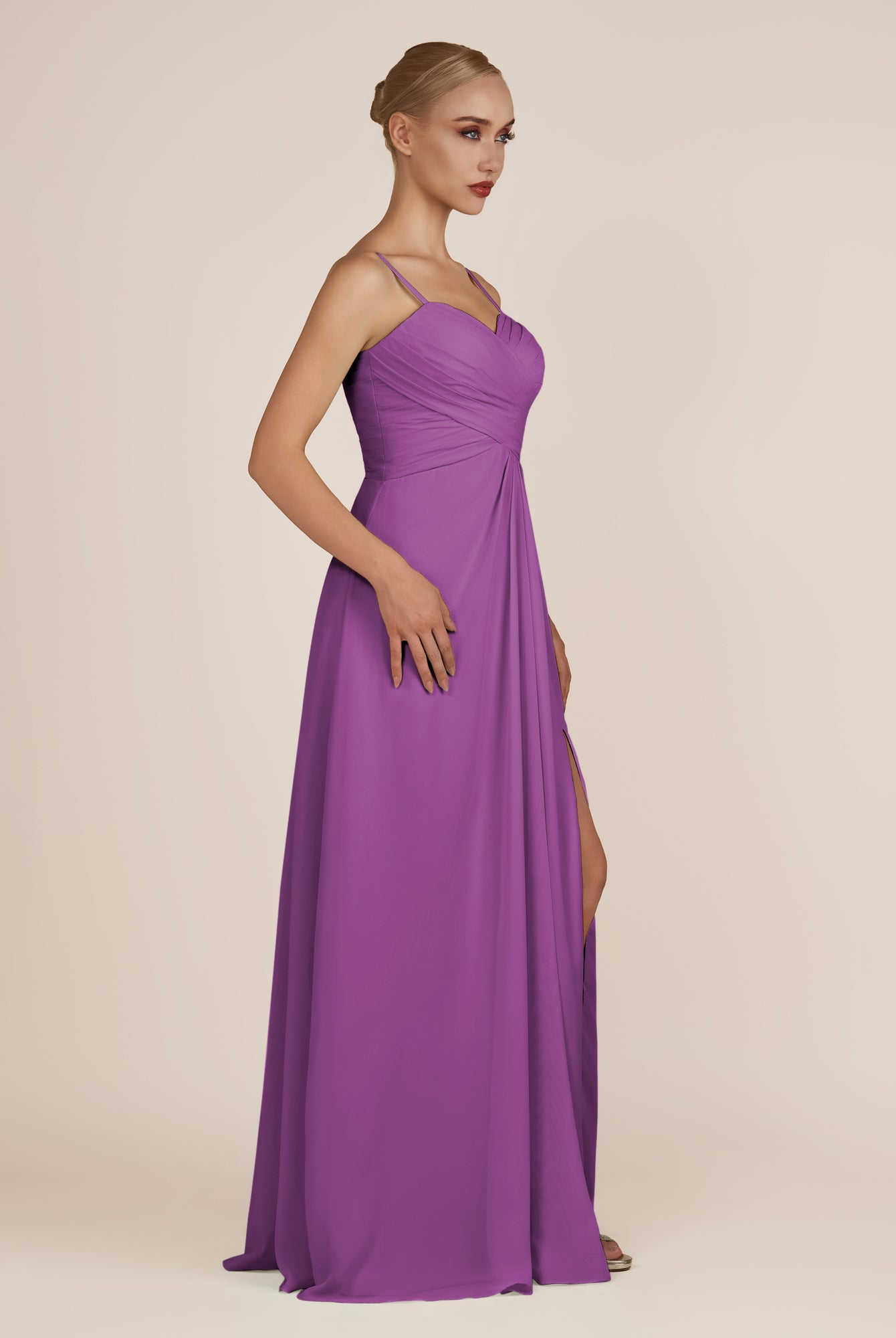 KissDress-Ysolina Amethyst A Line Sweetheart Chiffon Pleated Long Bridesmaid Dress with Slit