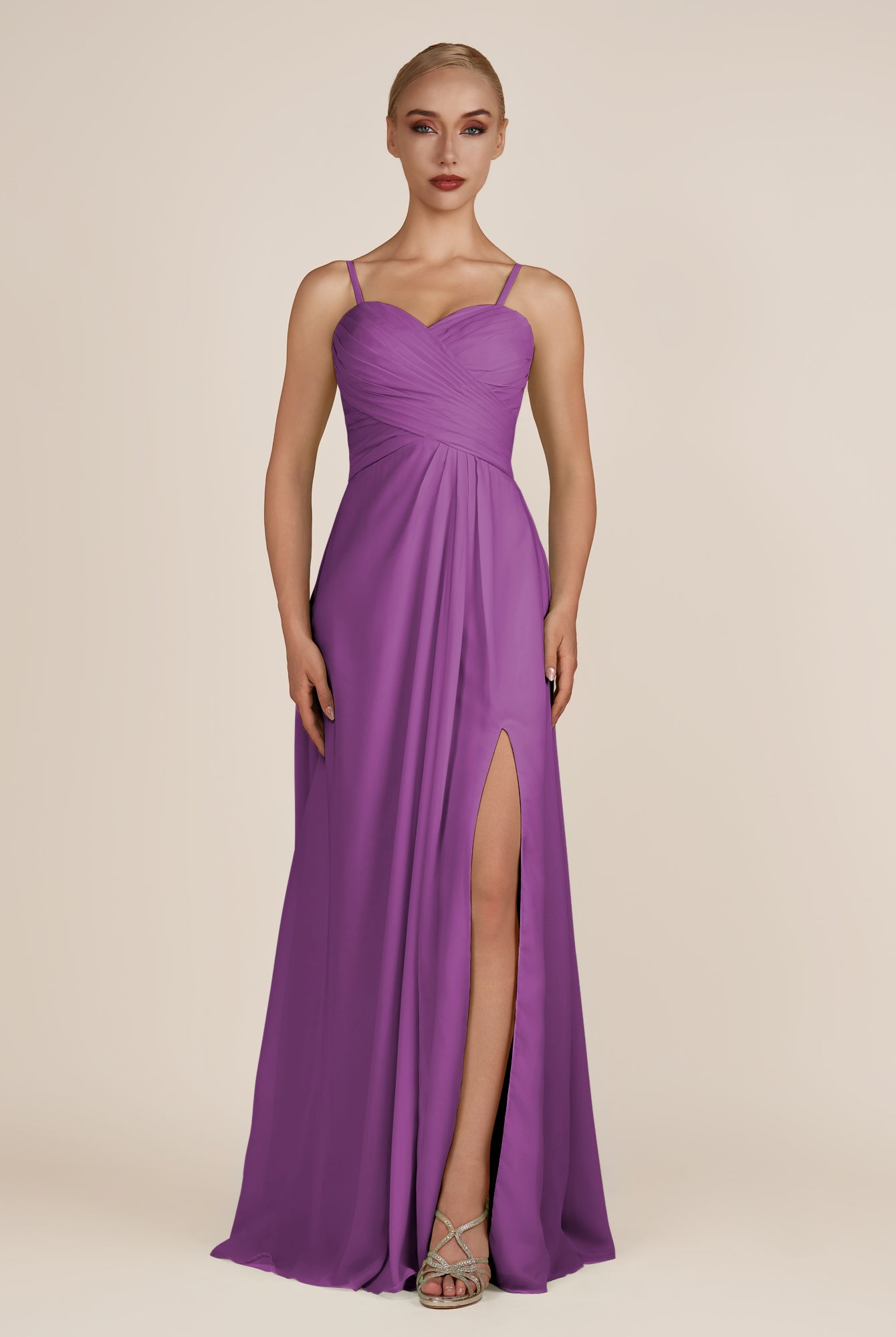 KissDress-Ysolina Amethyst A Line Sweetheart Chiffon Pleated Long Bridesmaid Dress with Slit