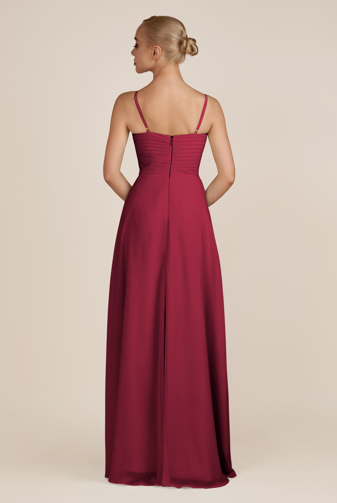 KissDress-Ysolina Berry A Line Sweetheart Chiffon Pleated Long Bridesmaid Dress with Slit
