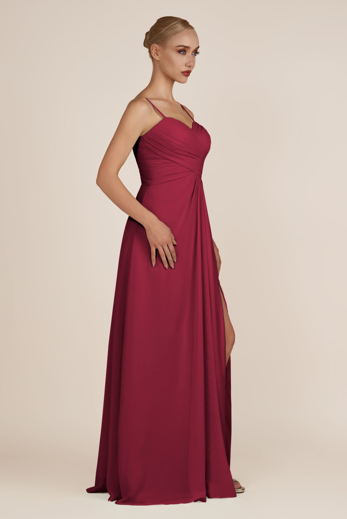 KissDress-Ysolina Berry A Line Sweetheart Chiffon Pleated Long Bridesmaid Dress with Slit