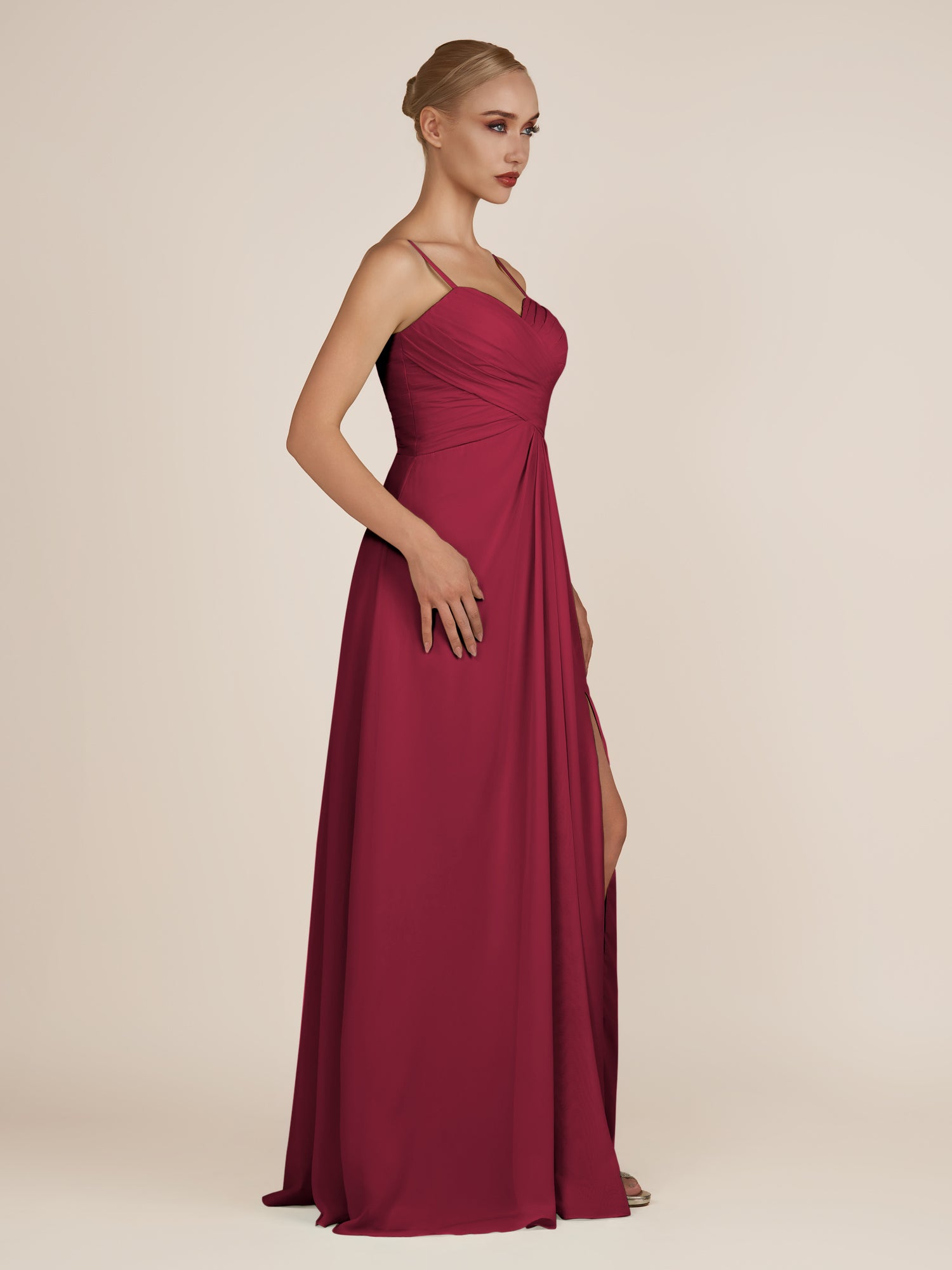 KissDress-Ysolina Berry A Line Sweetheart Chiffon Pleated Long Bridesmaid Dress with Slit