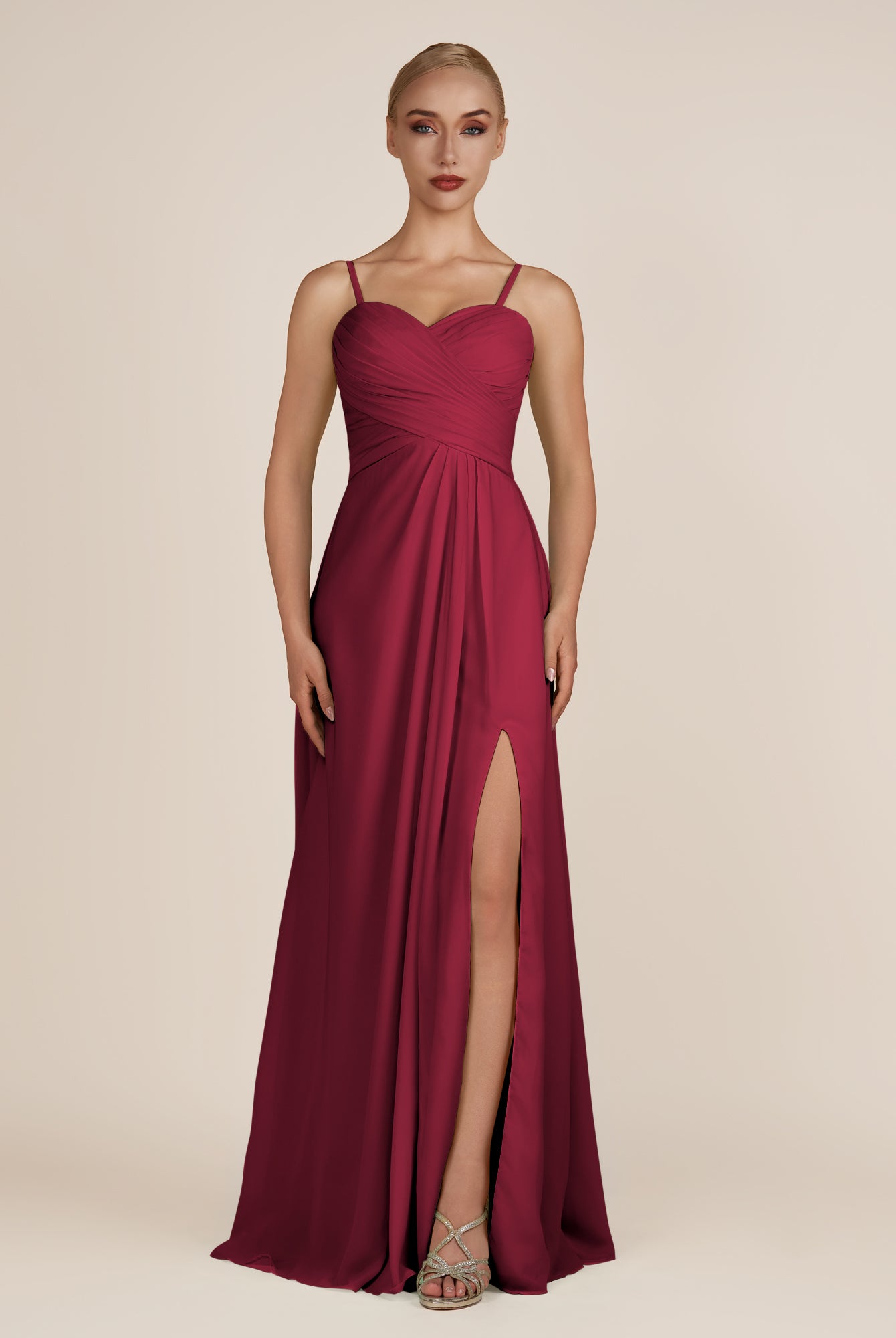 KissDress-Ysolina Berry A Line Sweetheart Chiffon Pleated Long Bridesmaid Dress with Slit