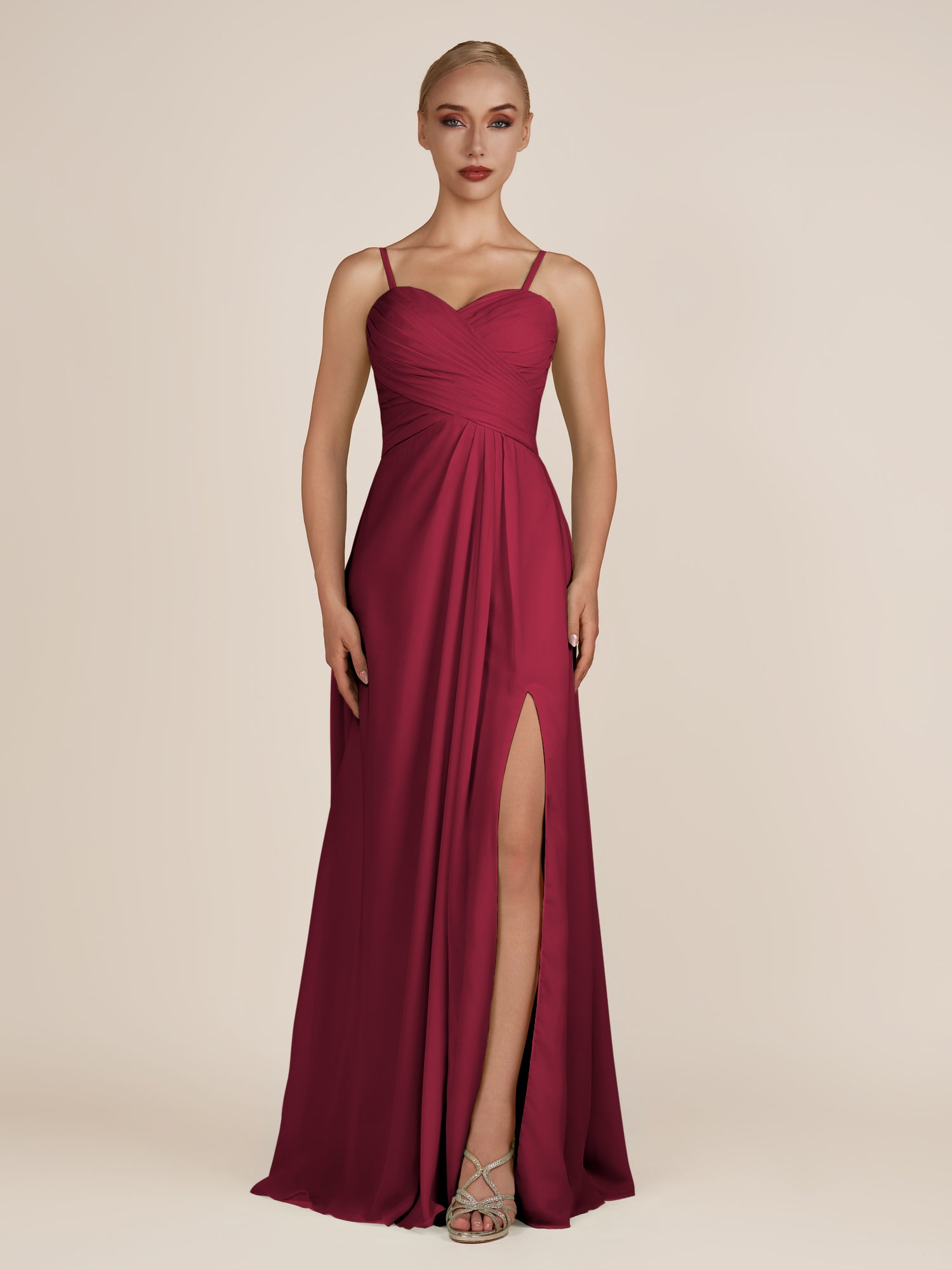 KissDress-Ysolina Berry A Line Sweetheart Chiffon Pleated Long Bridesmaid Dress with Slit