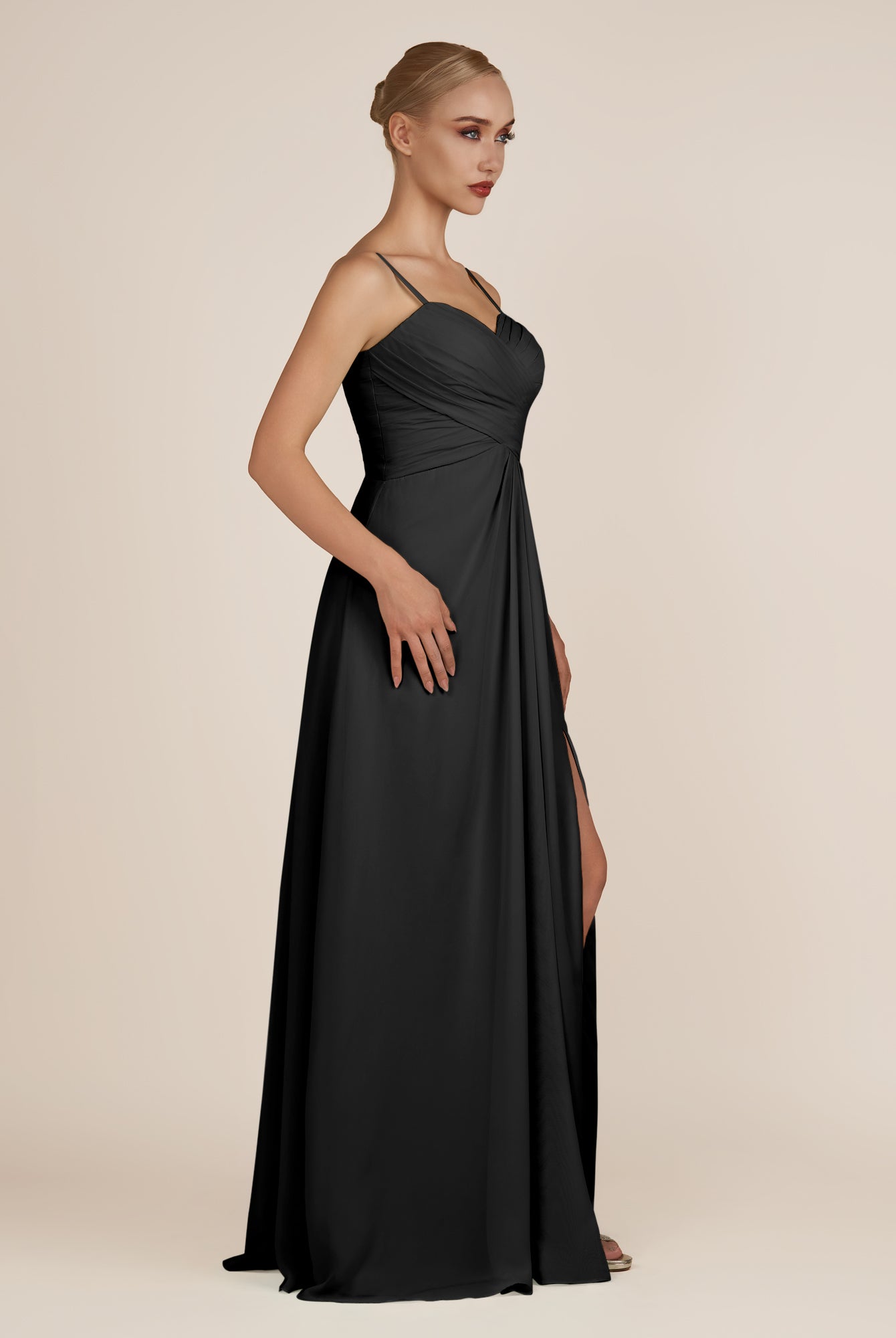 KissDress-Ysolina Black A Line Sweetheart Chiffon Pleated Long Bridesmaid Dress with Slit