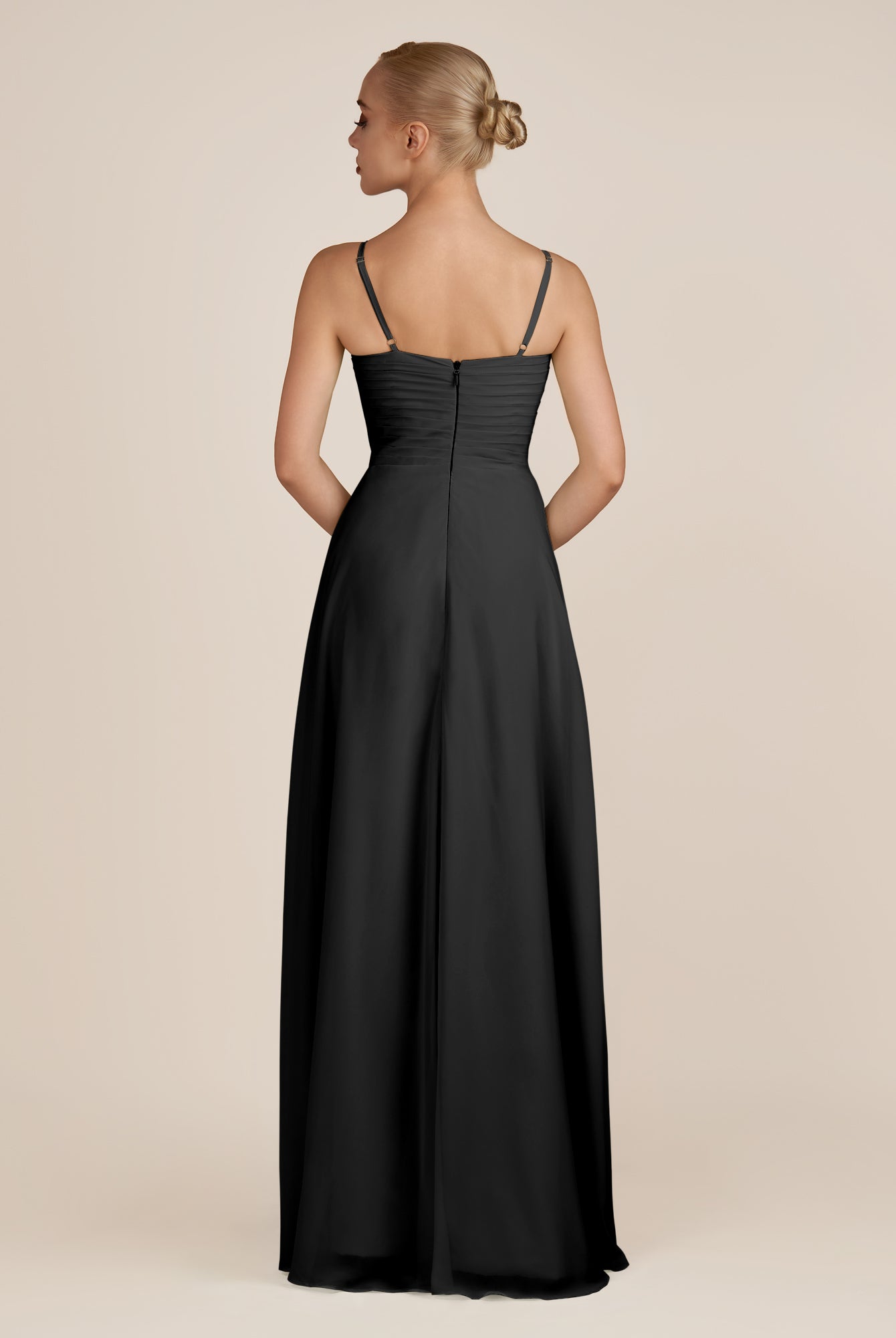 KissDress-Ysolina Black A Line Sweetheart Chiffon Pleated Long Bridesmaid Dress with Slit