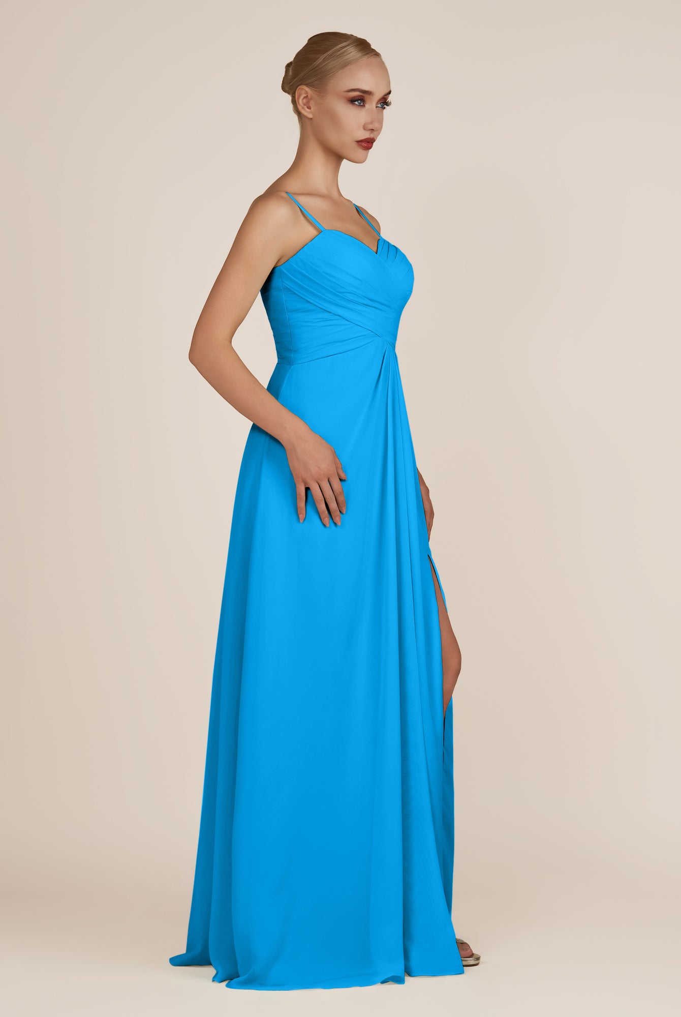 KissDress-Ysolina Blue Jay A Line Sweetheart Chiffon Pleated Long Bridesmaid Dress with Slit