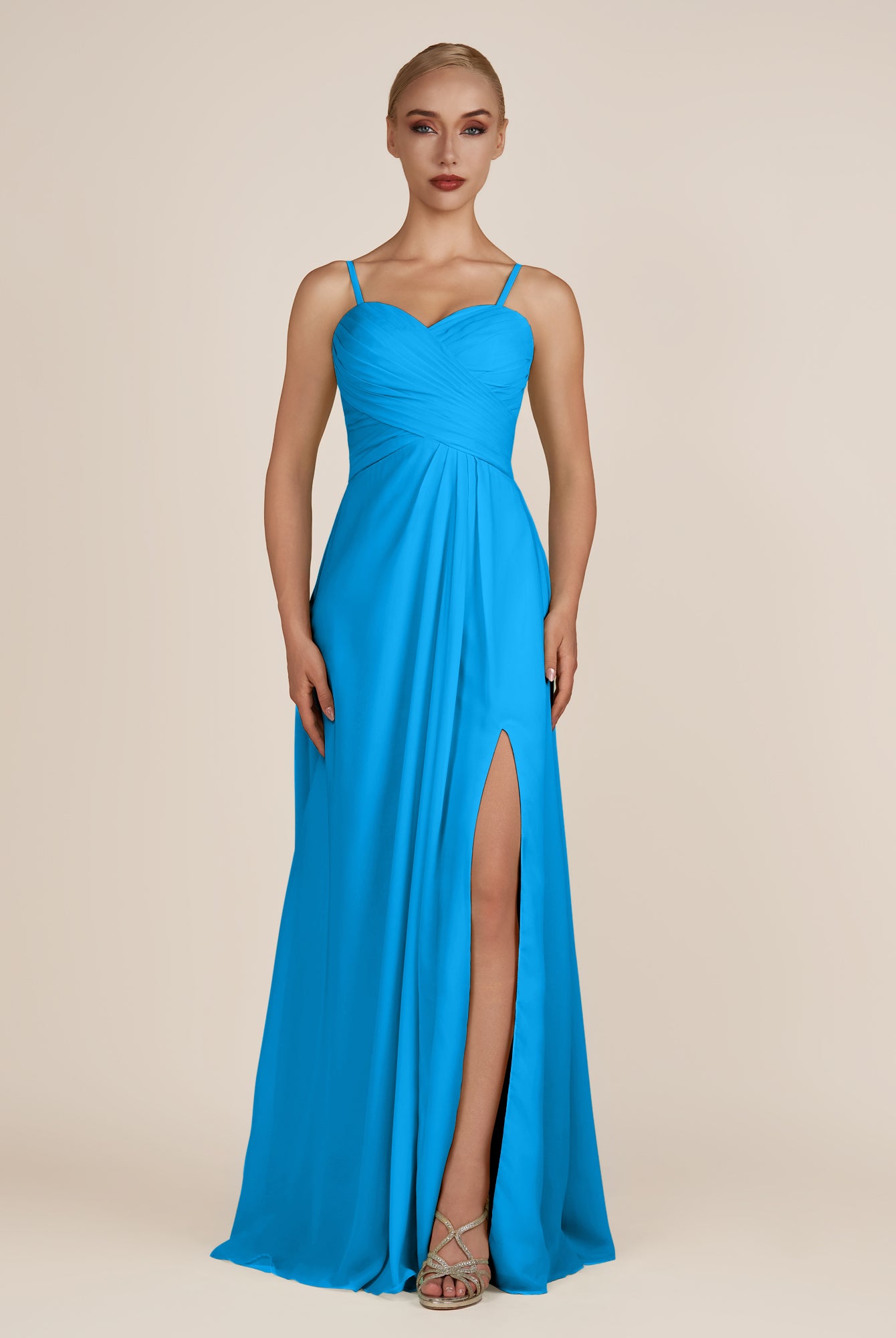 KissDress-Ysolina Blue Jay A Line Sweetheart Chiffon Pleated Long Bridesmaid Dress with Slit