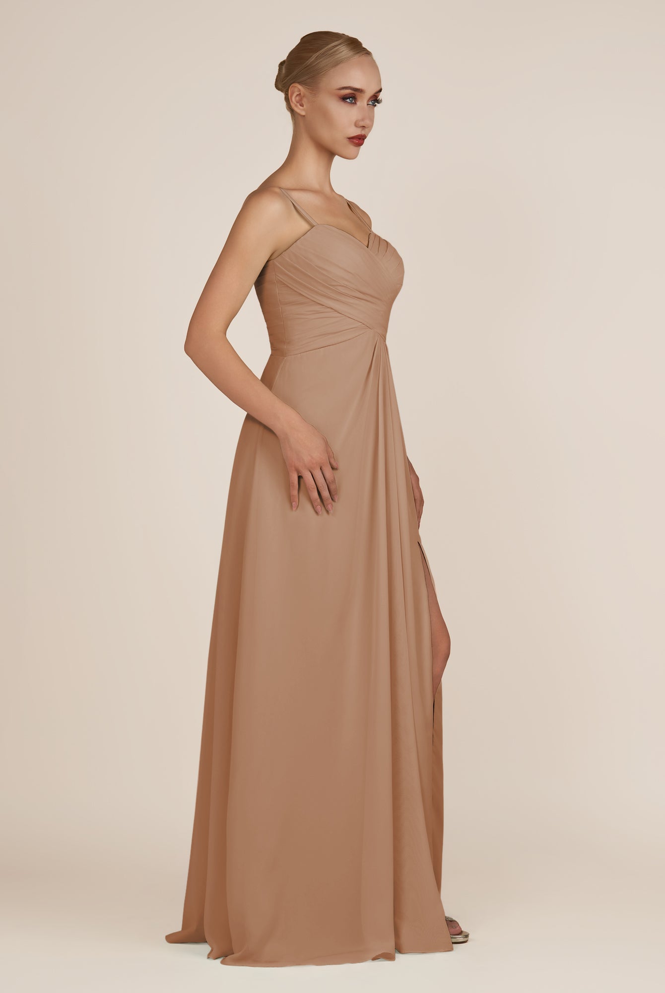 KissDress-Ysolina Bronzer A Line Sweetheart Chiffon Pleated Long Bridesmaid Dress with Slit